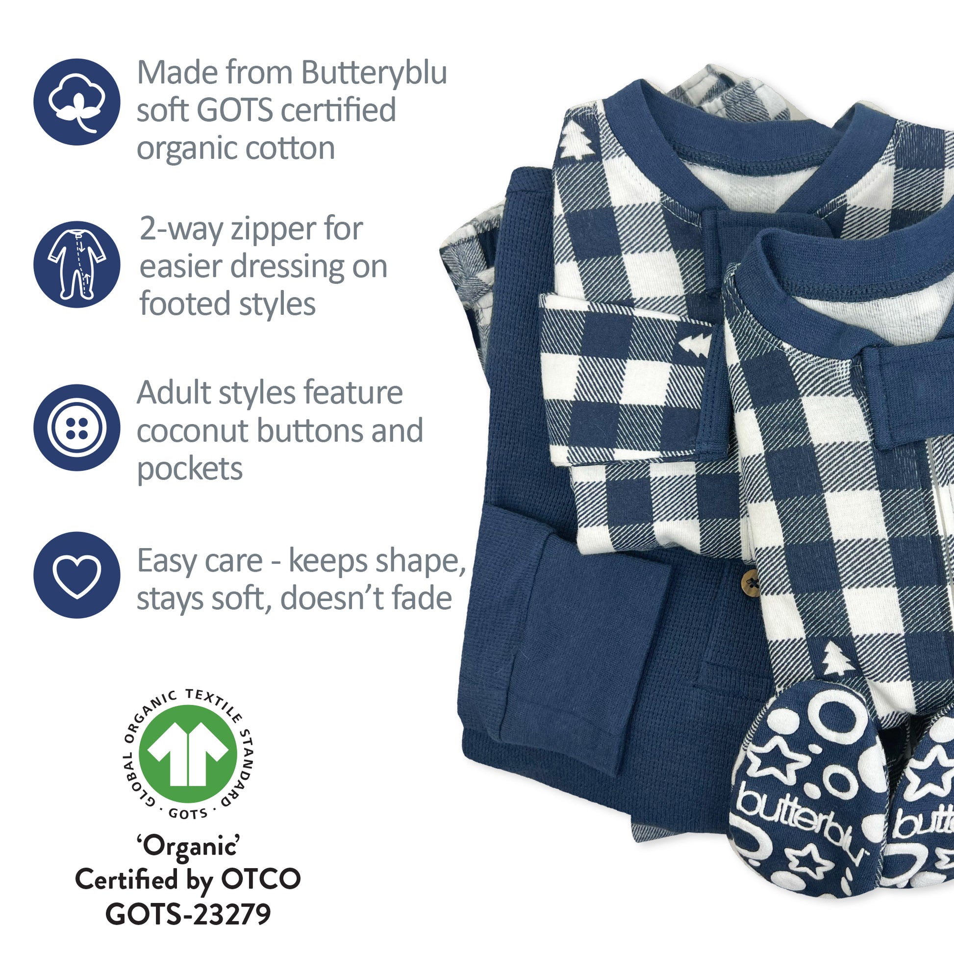 Folded baby outfit with plaid pattern and text detailing features on a white background
