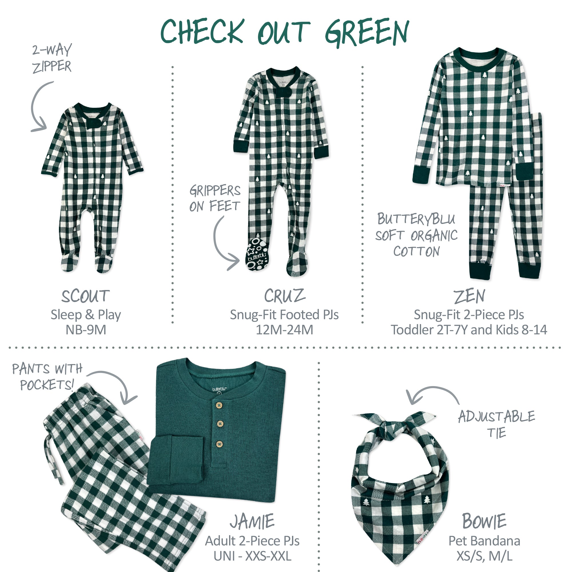 Green and black checkered children's pajama set with product details on a white background