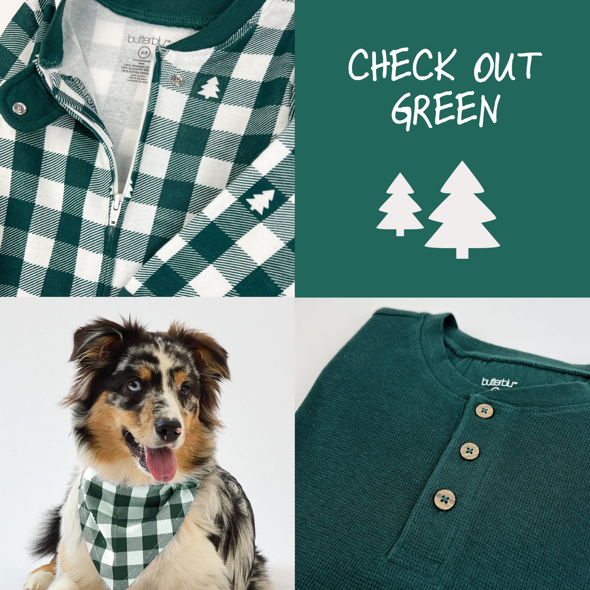 Green and white checkered shirt, dog wearing a green and white checkered bandana, and green button-up shirt on a green background with text 'Check Out Green'.