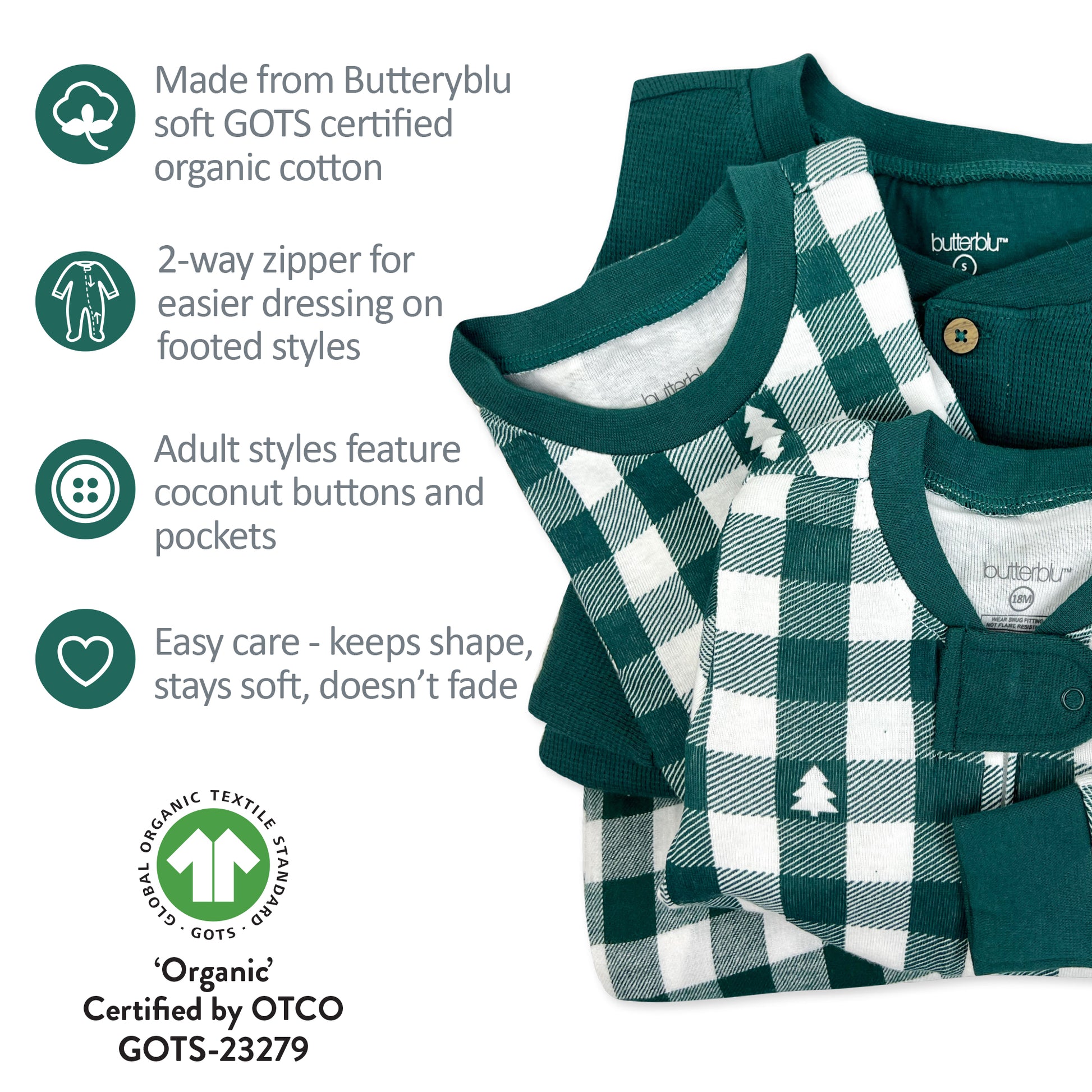 Green and white checkered baby romper with organic cotton information on a white background