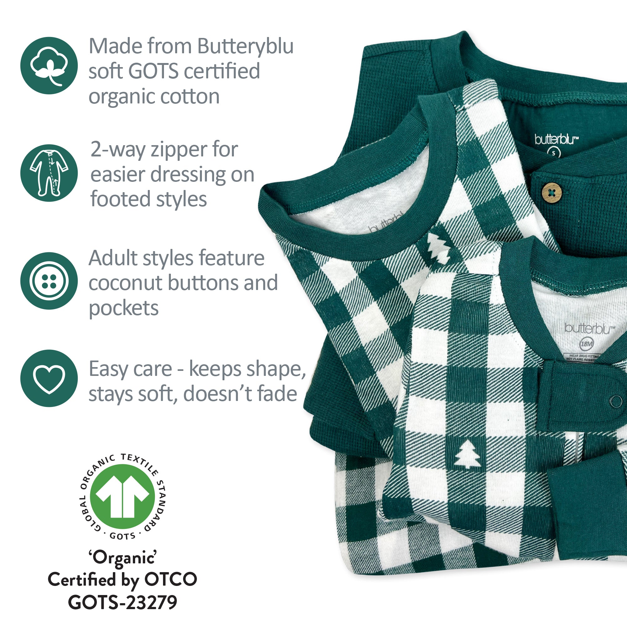 Green and white checkered baby romper with organic cotton information on a white background