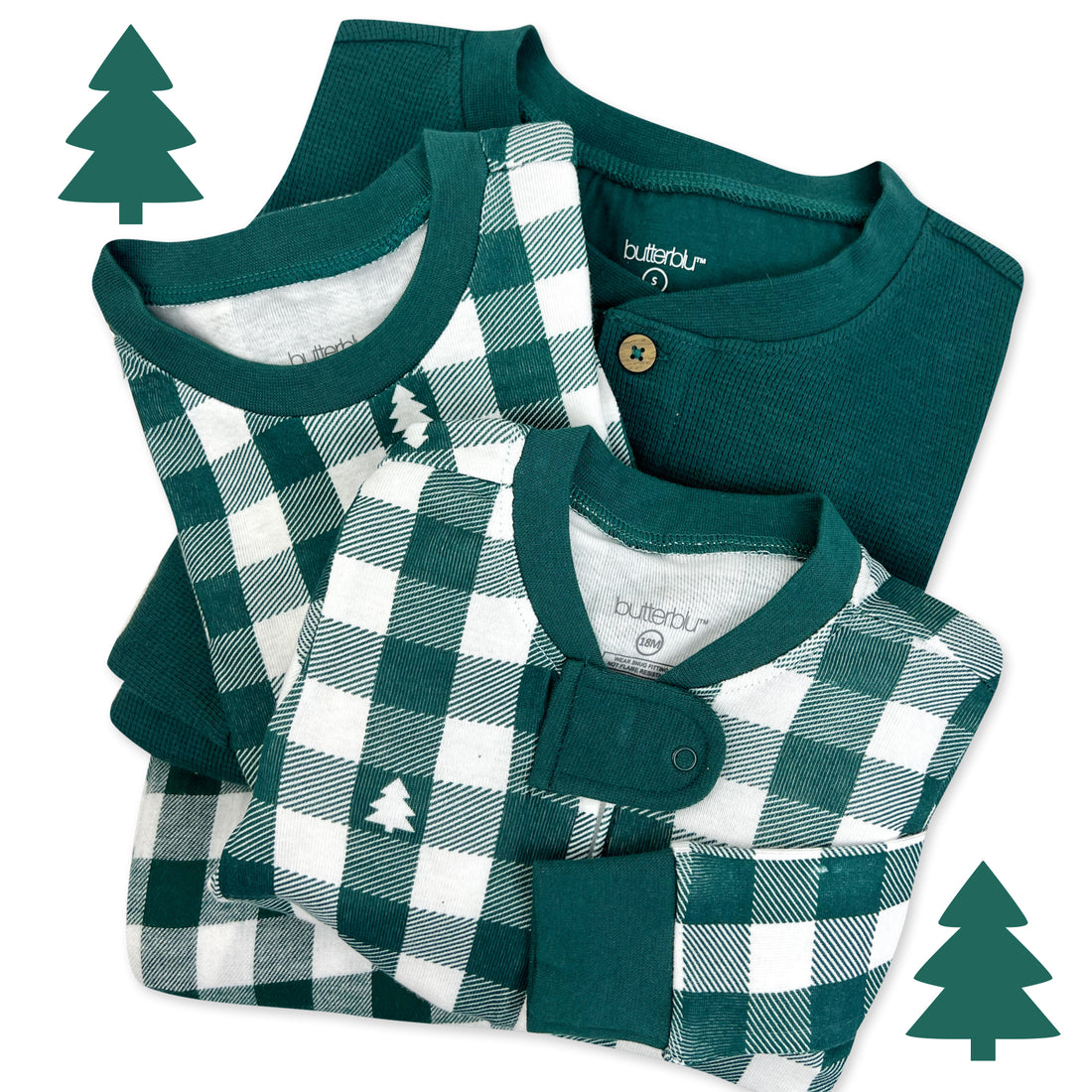 Matching family pajamas with green and plaid patterns on a white background