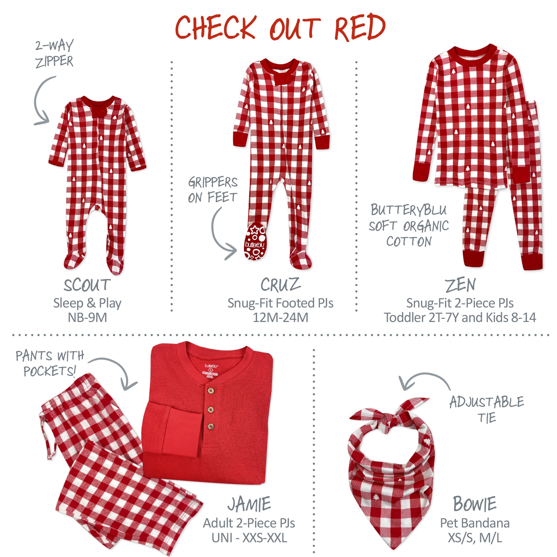Red and white checkered family pajamas and clothing with product details on a white background.