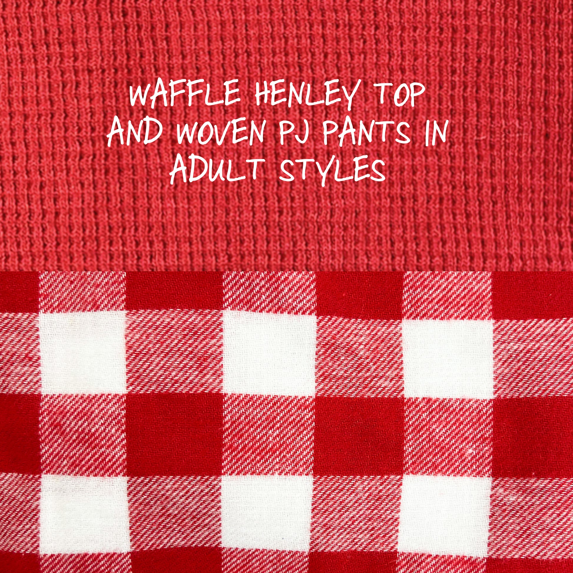 Red and white checkered fabric with text overlay on a red background