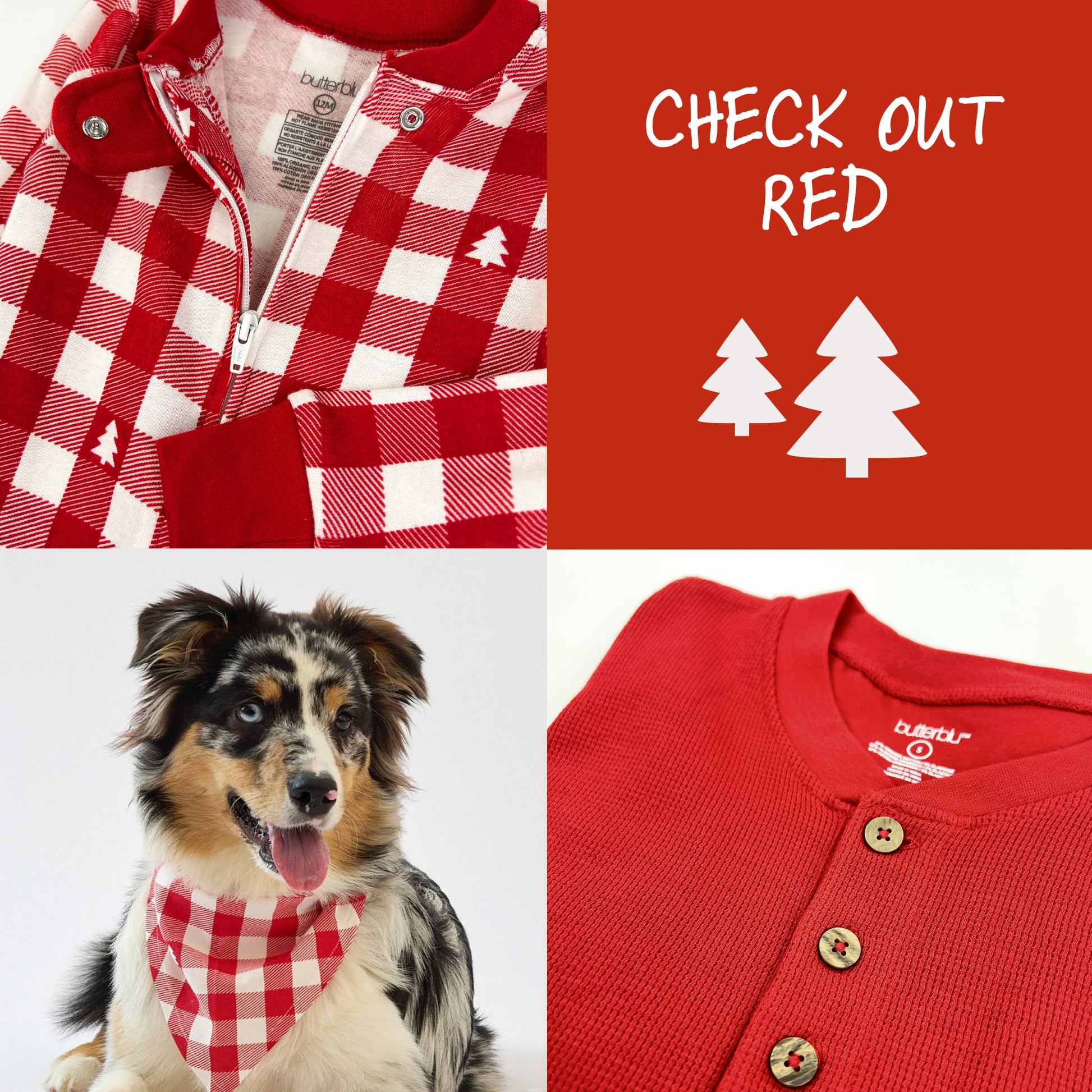 Red checkered pajamas, red shirt with buttons, dog wearing a red checkered bandana, and text 'Check Out Red' on a red background.