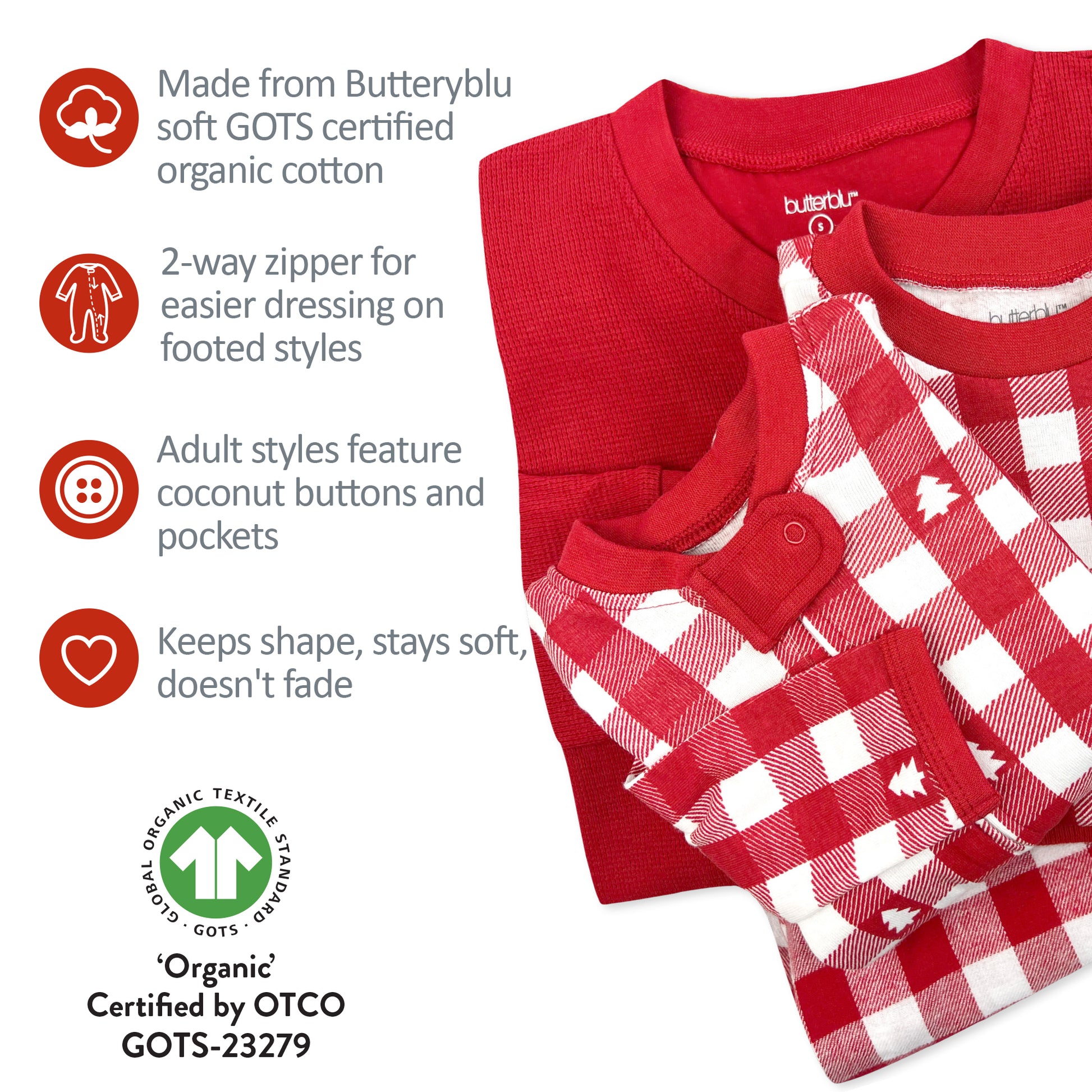 Red baby pajamas with checkered pattern on a white background, featuring organic cotton details.