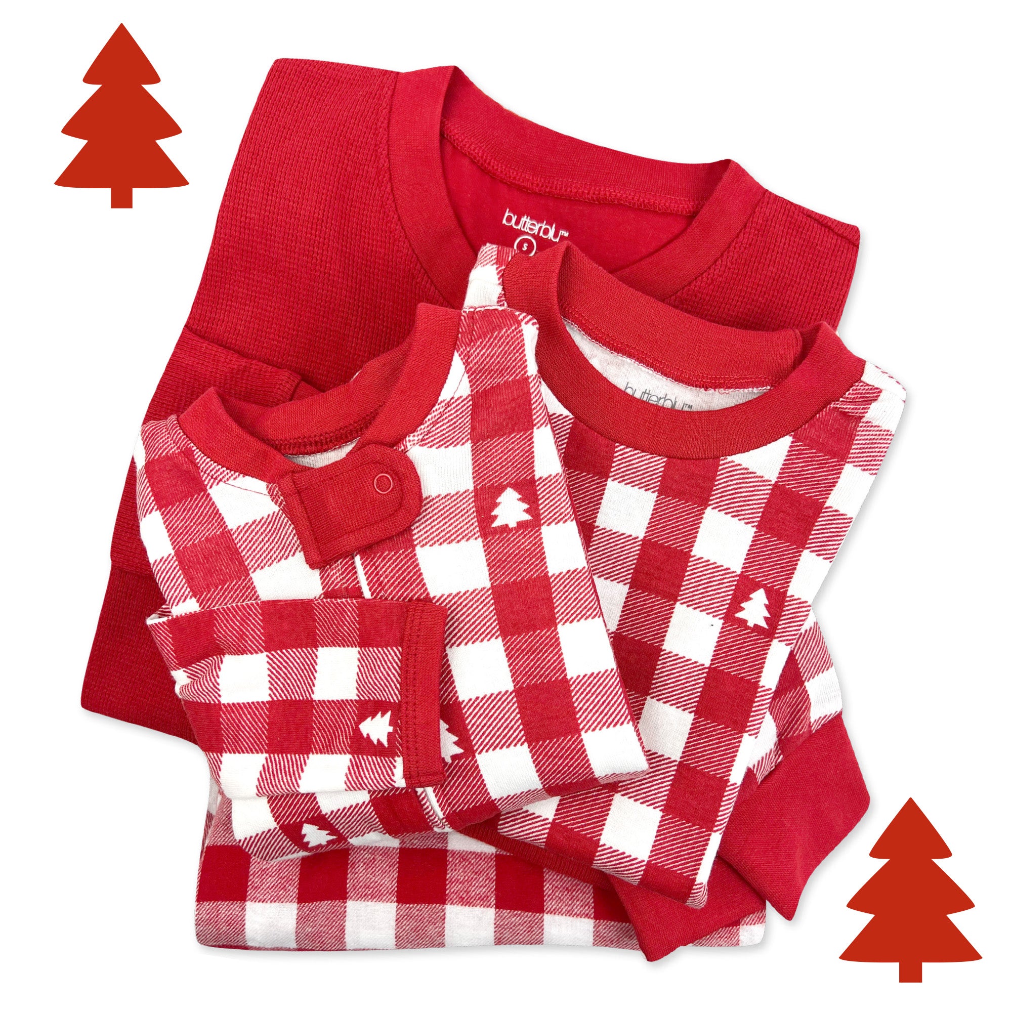 Red and checkered family pajamas with Christmas tree graphics on a white background
