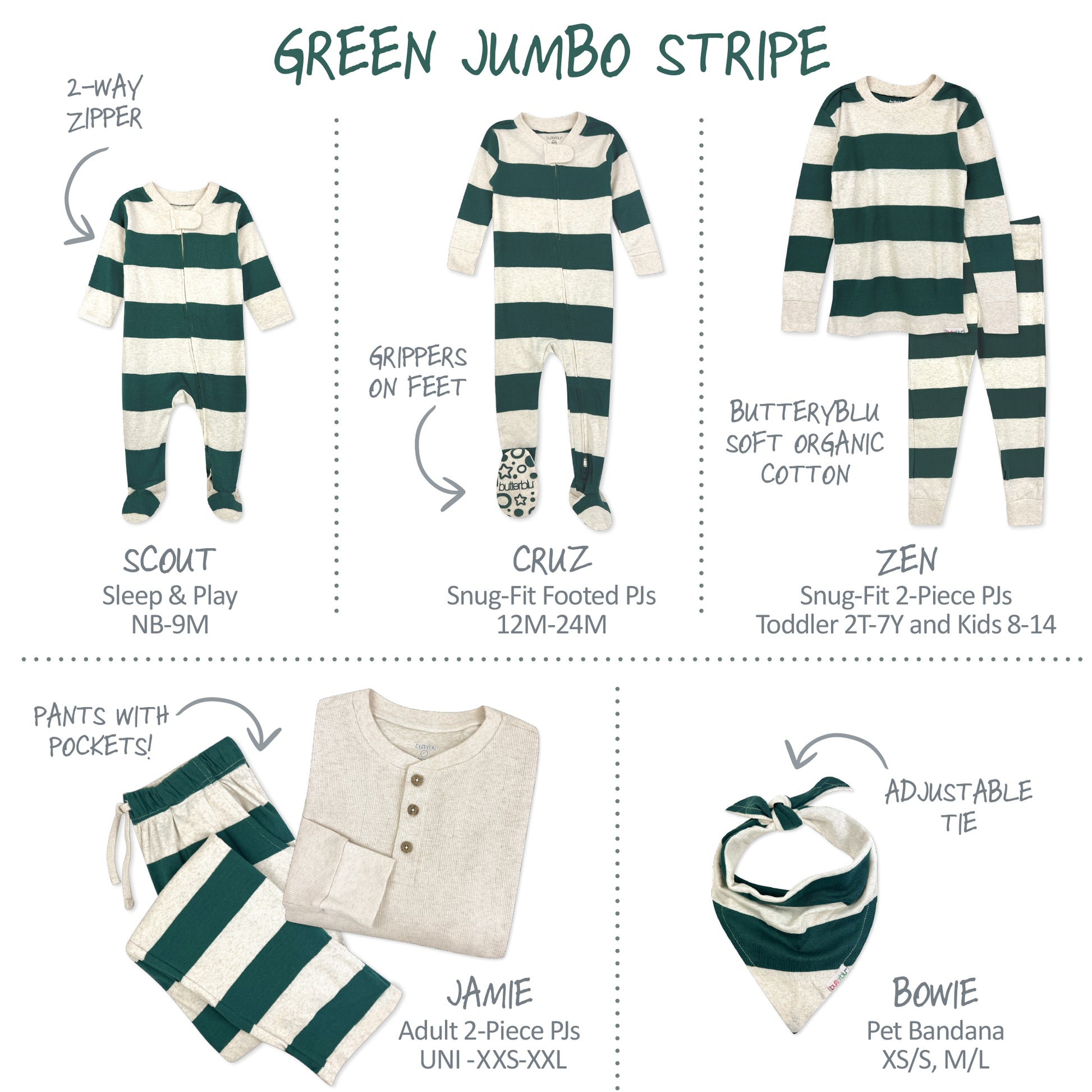 Matching family pajamas with green and white striped pajamas and accessories on a white background.