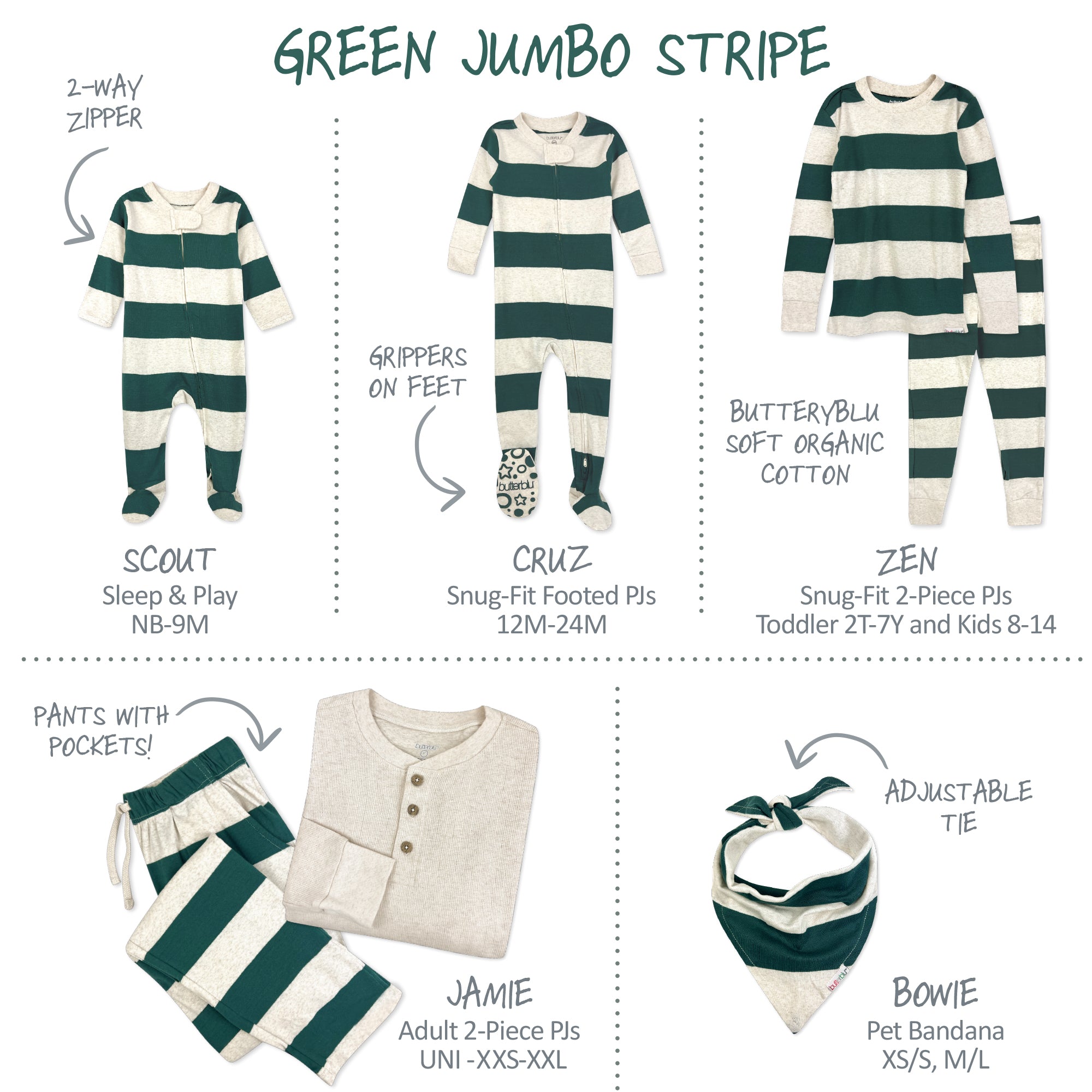 Matching family pajamas with green and white striped pajamas and accessories on a white background.