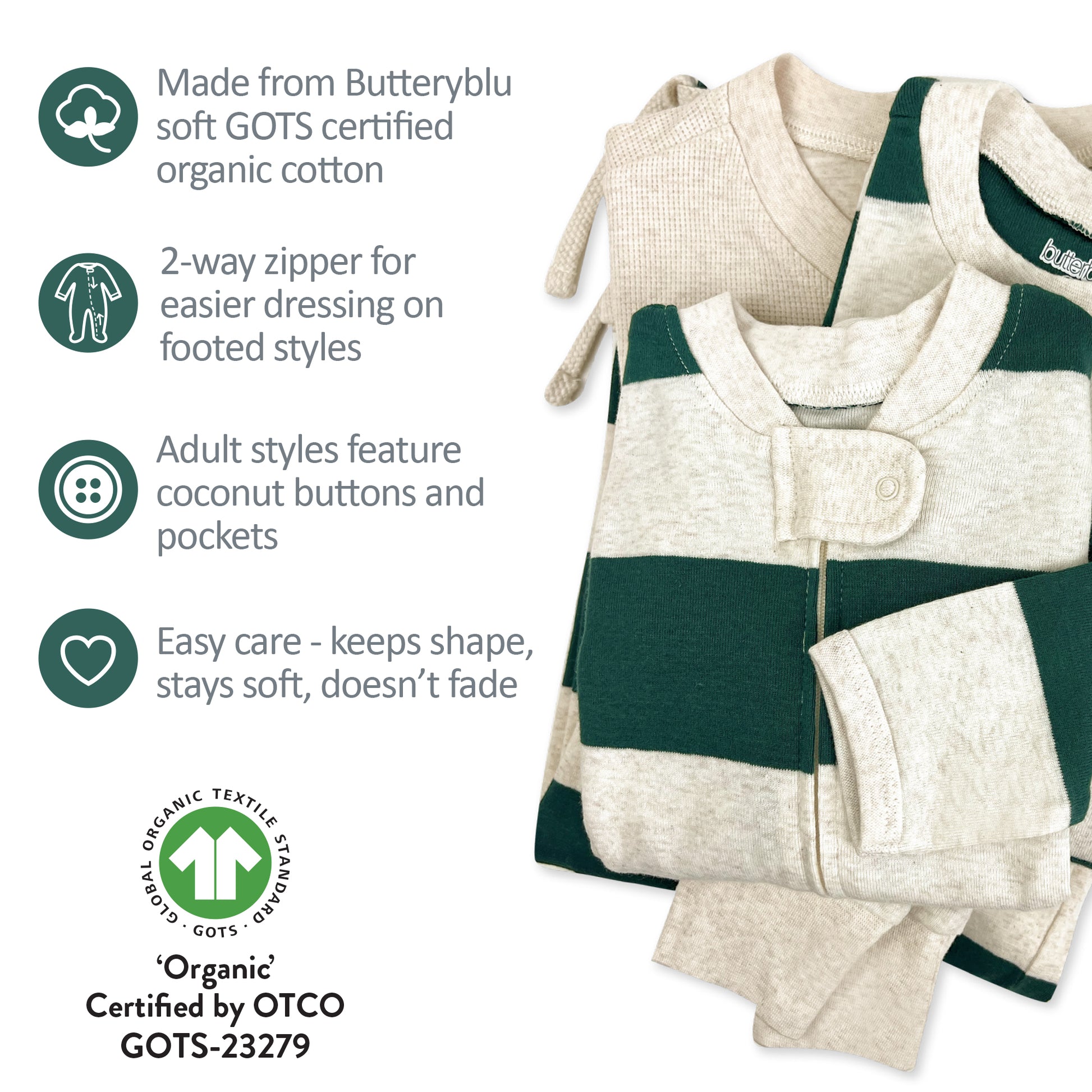 Matching family pajamas with green and white design, featuring text about organic cotton and certification.