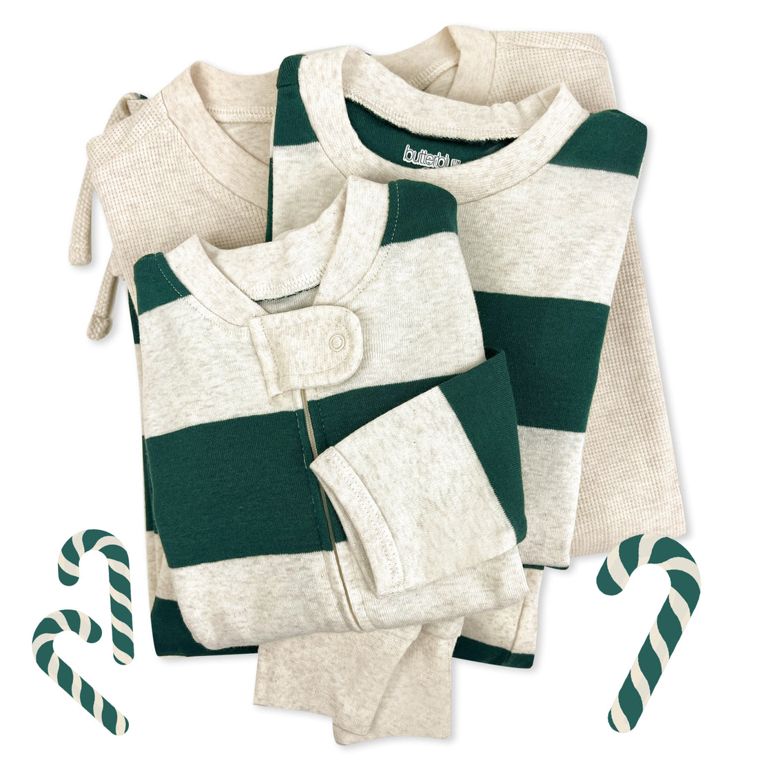 Matching family pajamas  green and white striped sweater with matching pants on a white background