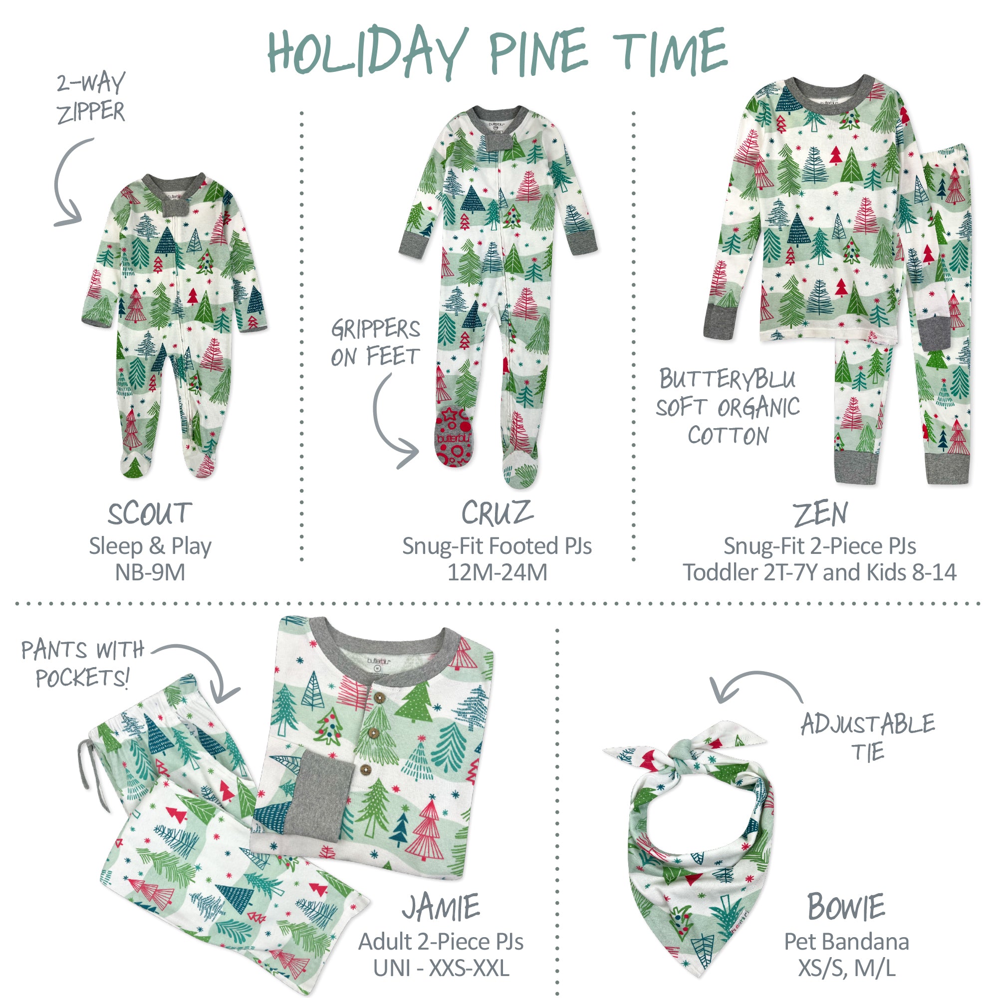 Collection of holiday-themed matching family pajamas and accessories with product details on a white background.