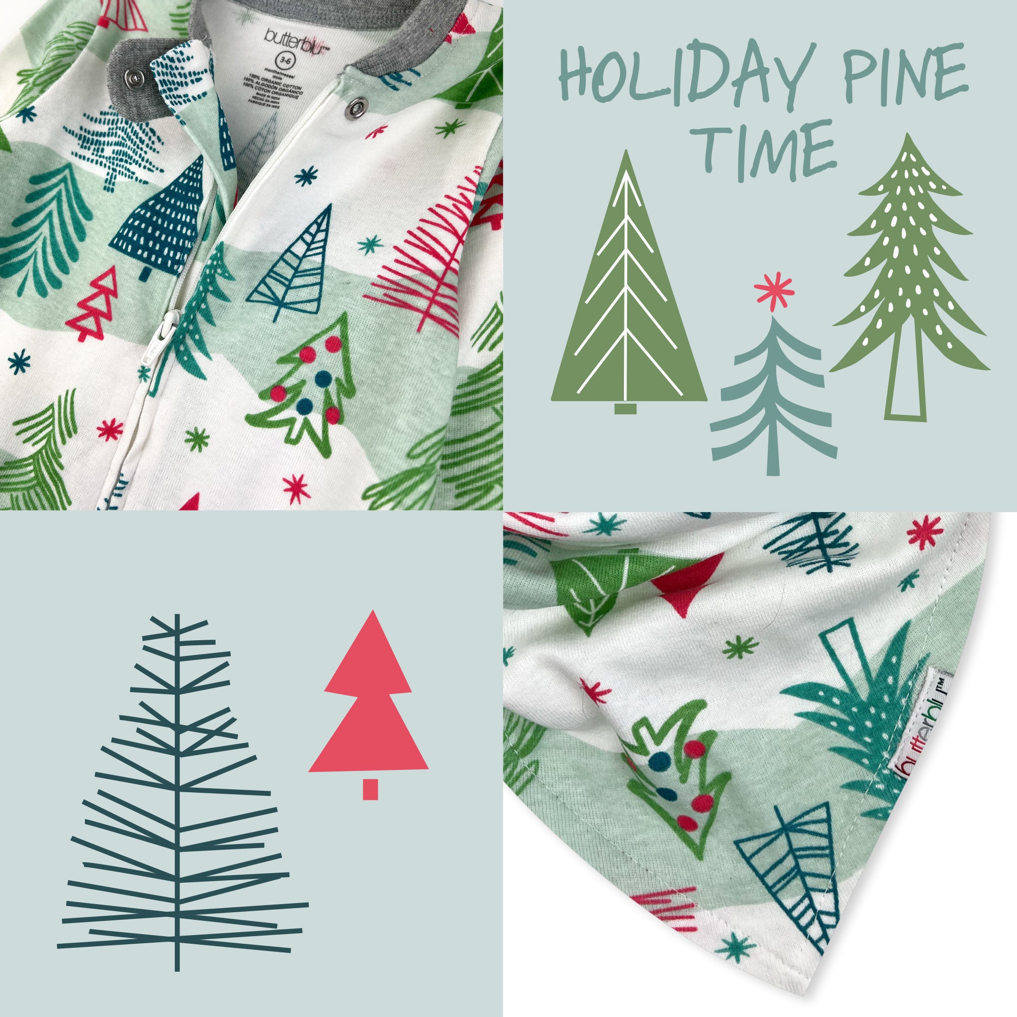 Fabric with Christmas tree patterns and 'Holiday Pine Time' text on a light blue background.