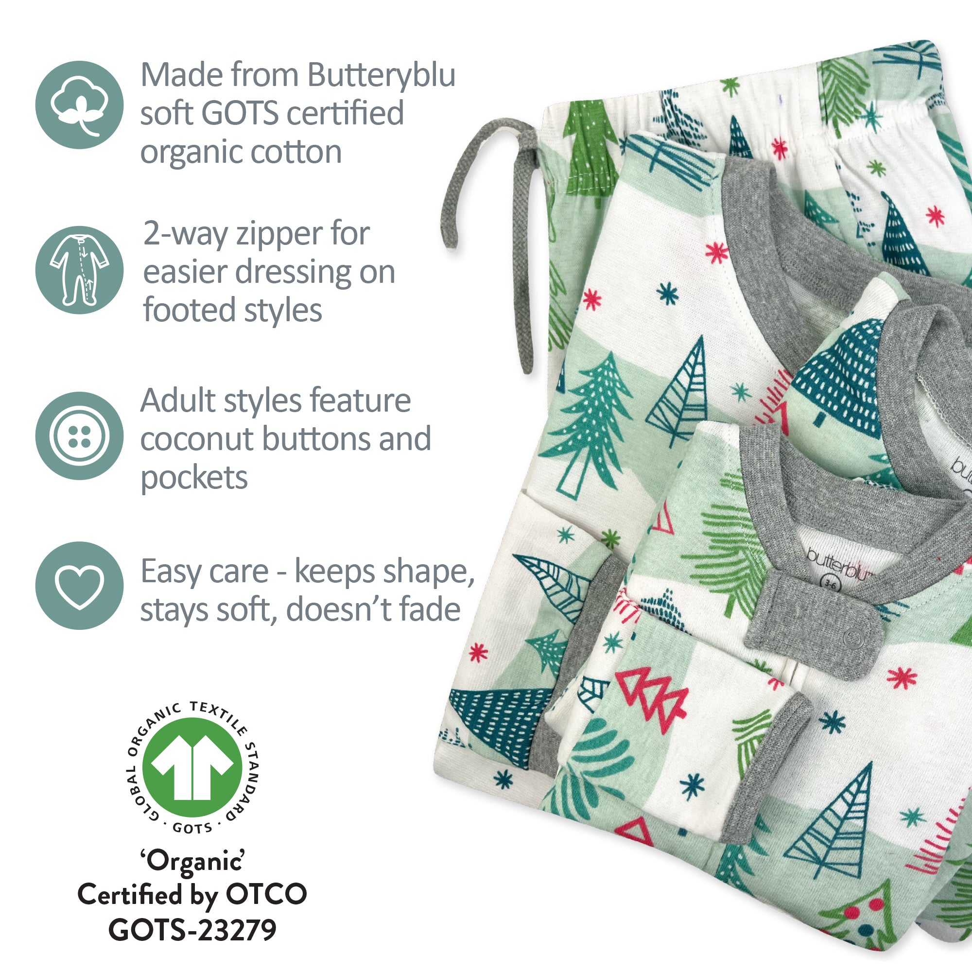 Children's pajama set with forest design and product features listed on a white background
