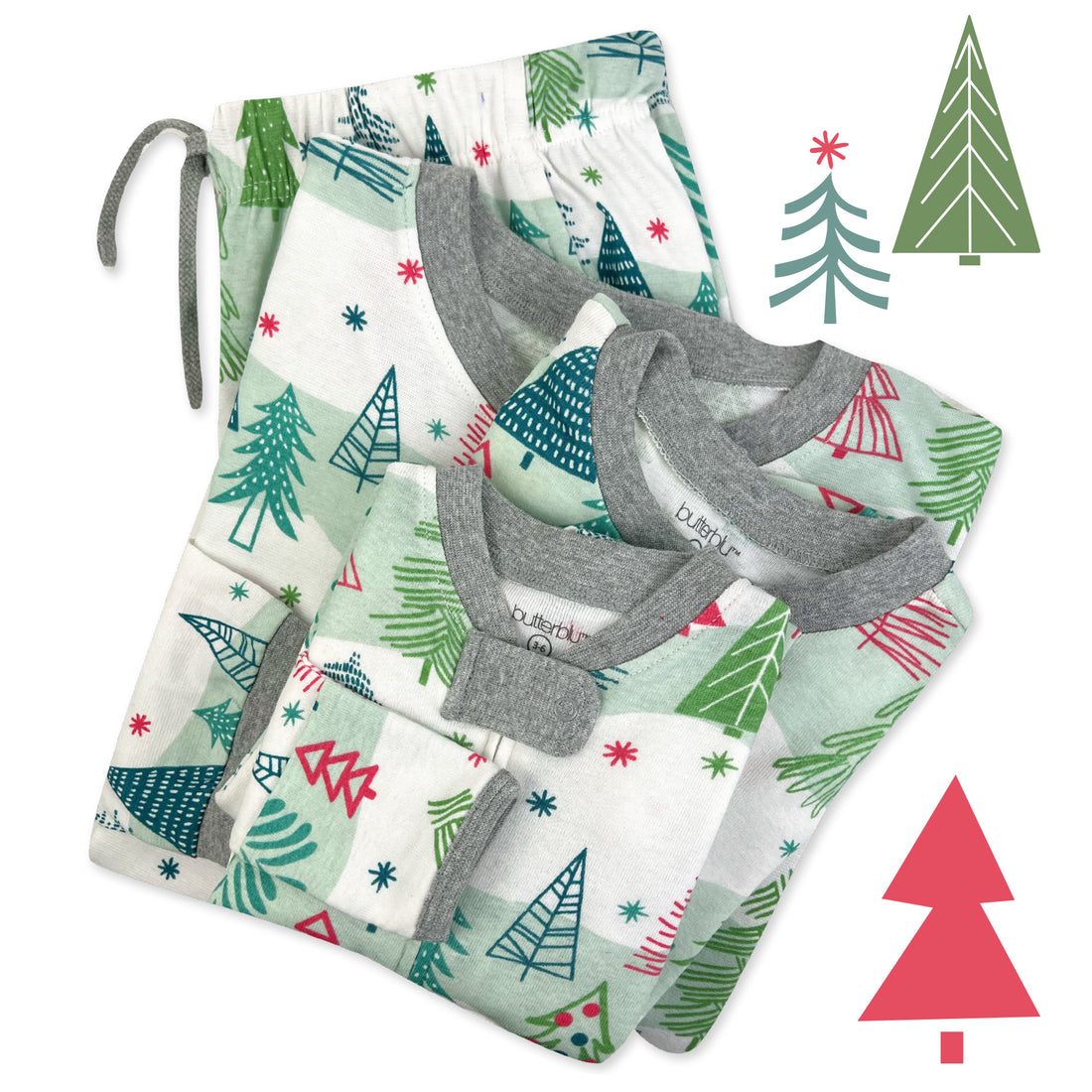 Matching family pajama set with Christmas tree pattern on a white background