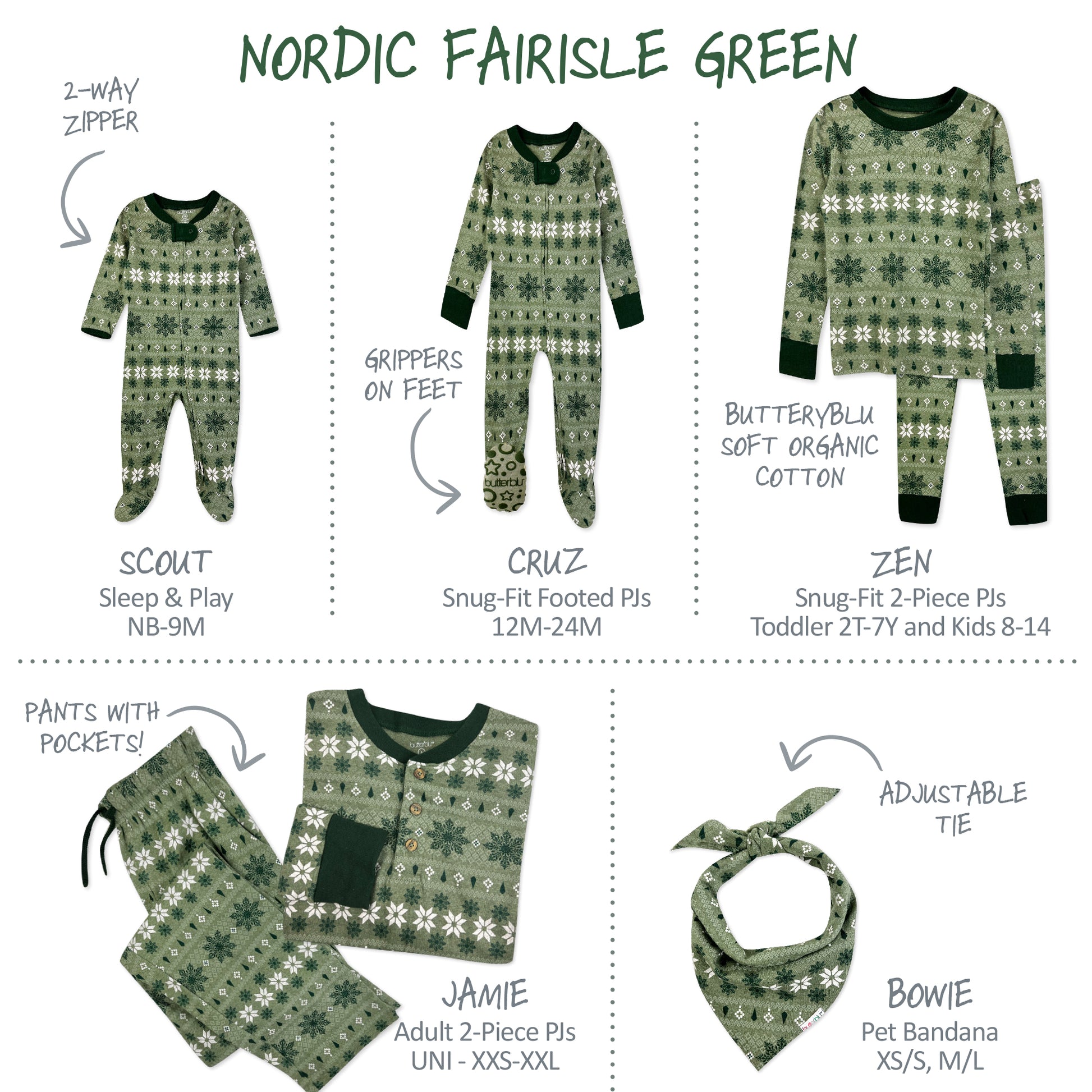 Green pajama set with various sizes and features labeled on a white background