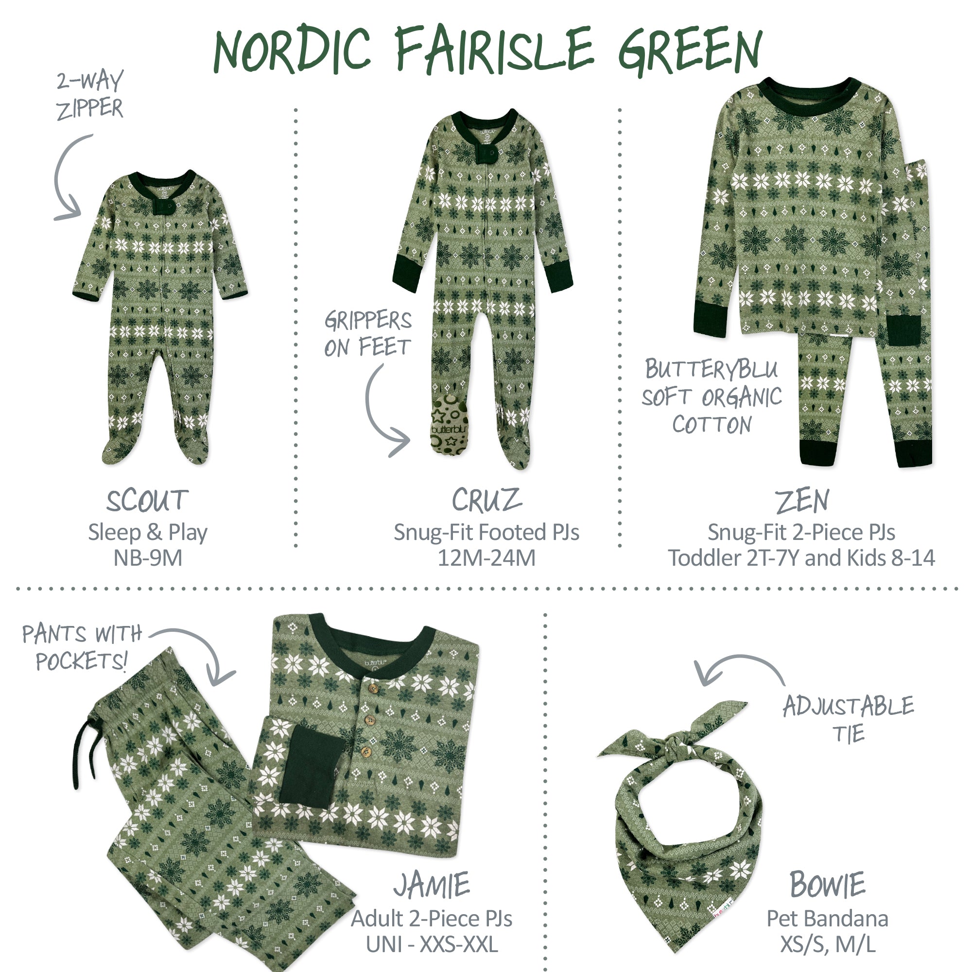 Green pajama set with various sizes and features labeled on a white background