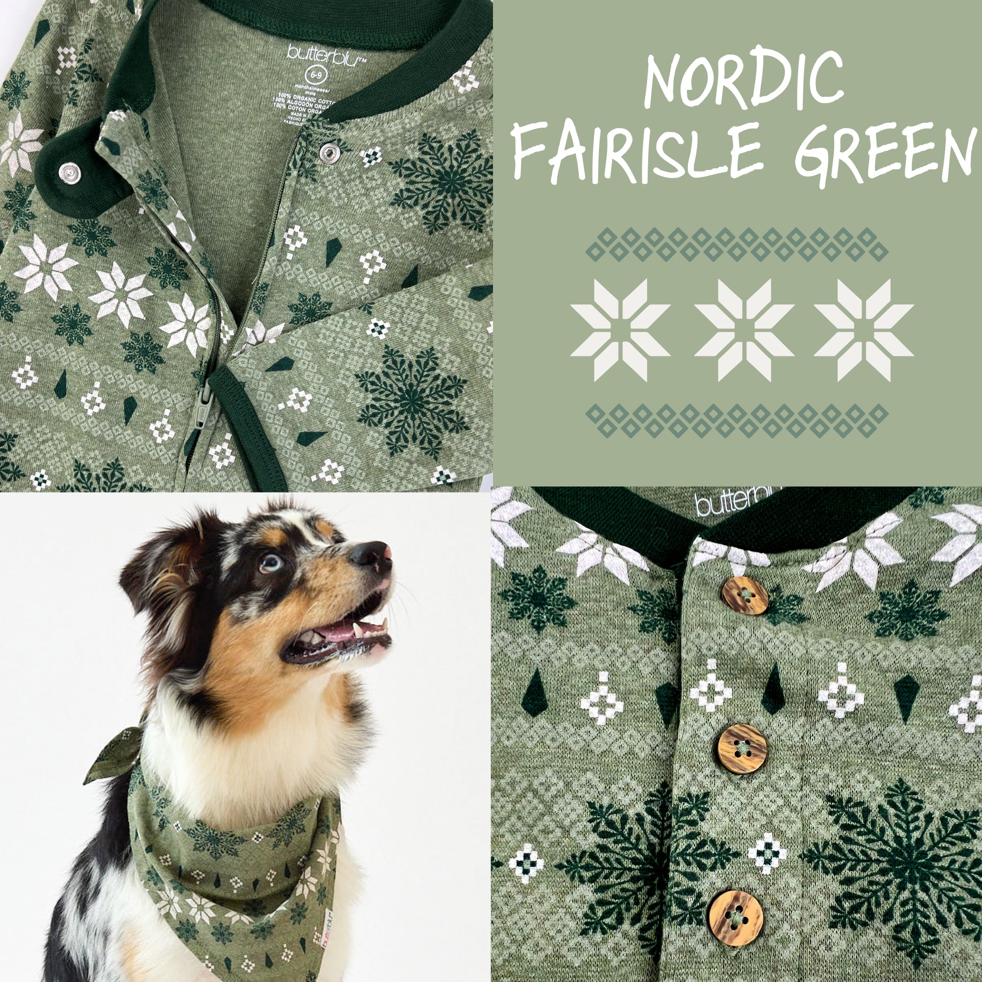 Green patterned shirt with floral and snowflake designs, featuring a dog wearing a similar shirt, on a green background with 'Nordic Fairisle Green' text.