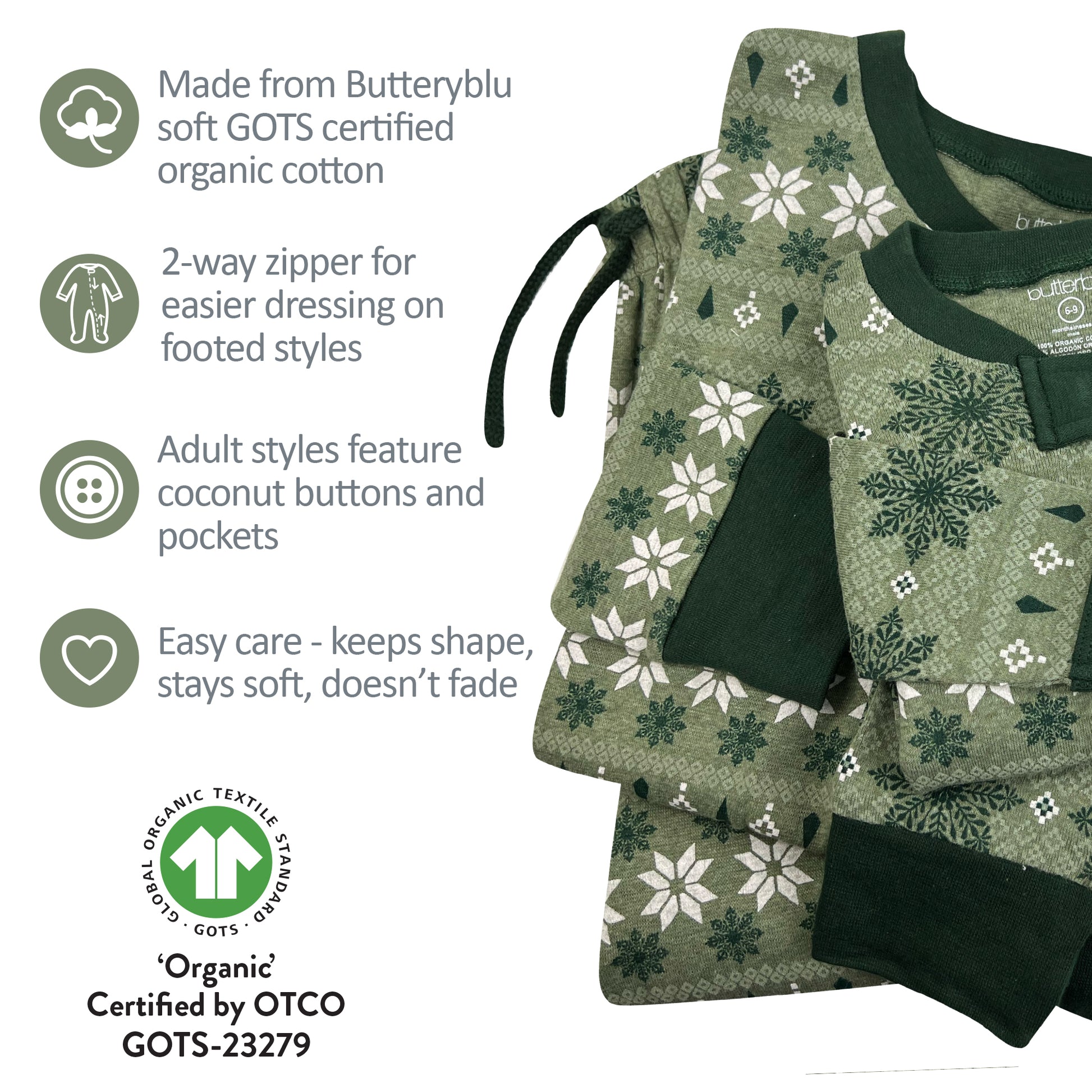 Green patterned pajama set with text detailing features and certifications on a white background