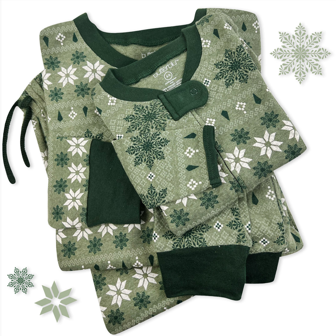 Green baby outfit with floral pattern on a white background