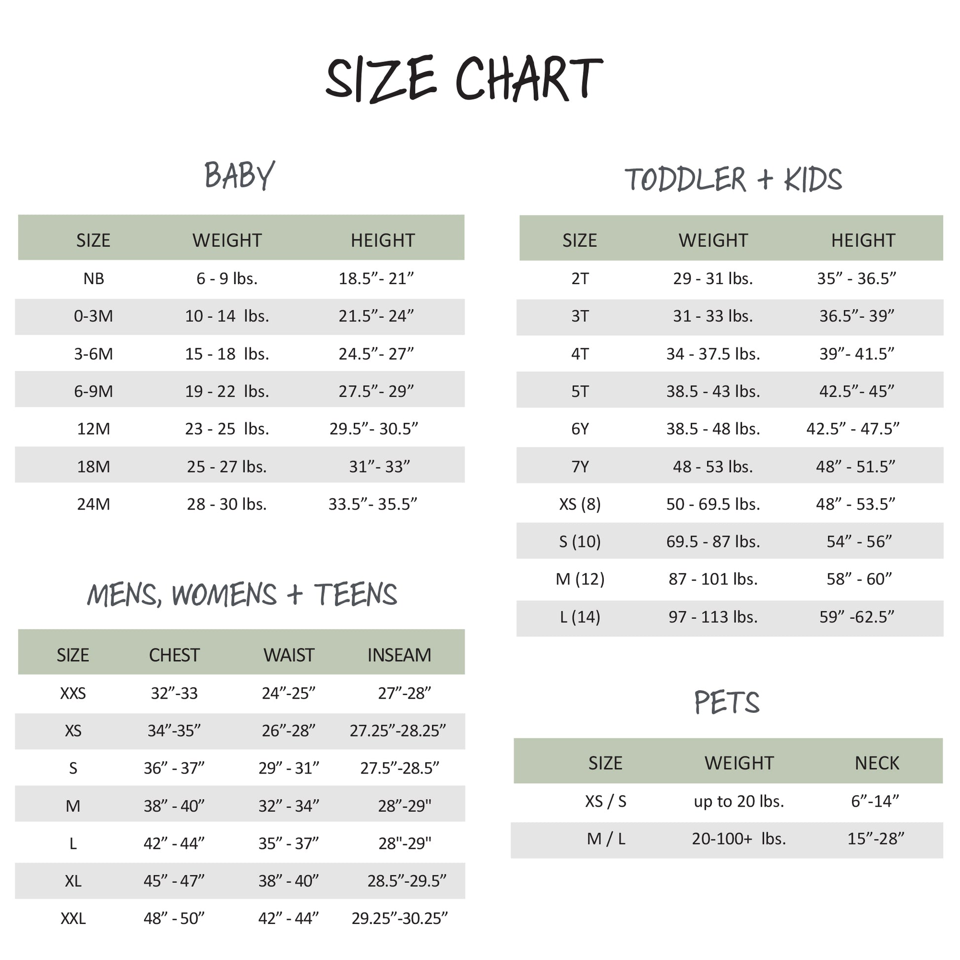 Size chart for baby, toddler, kids, men, women, teens, and pets with measurements in weight and height.