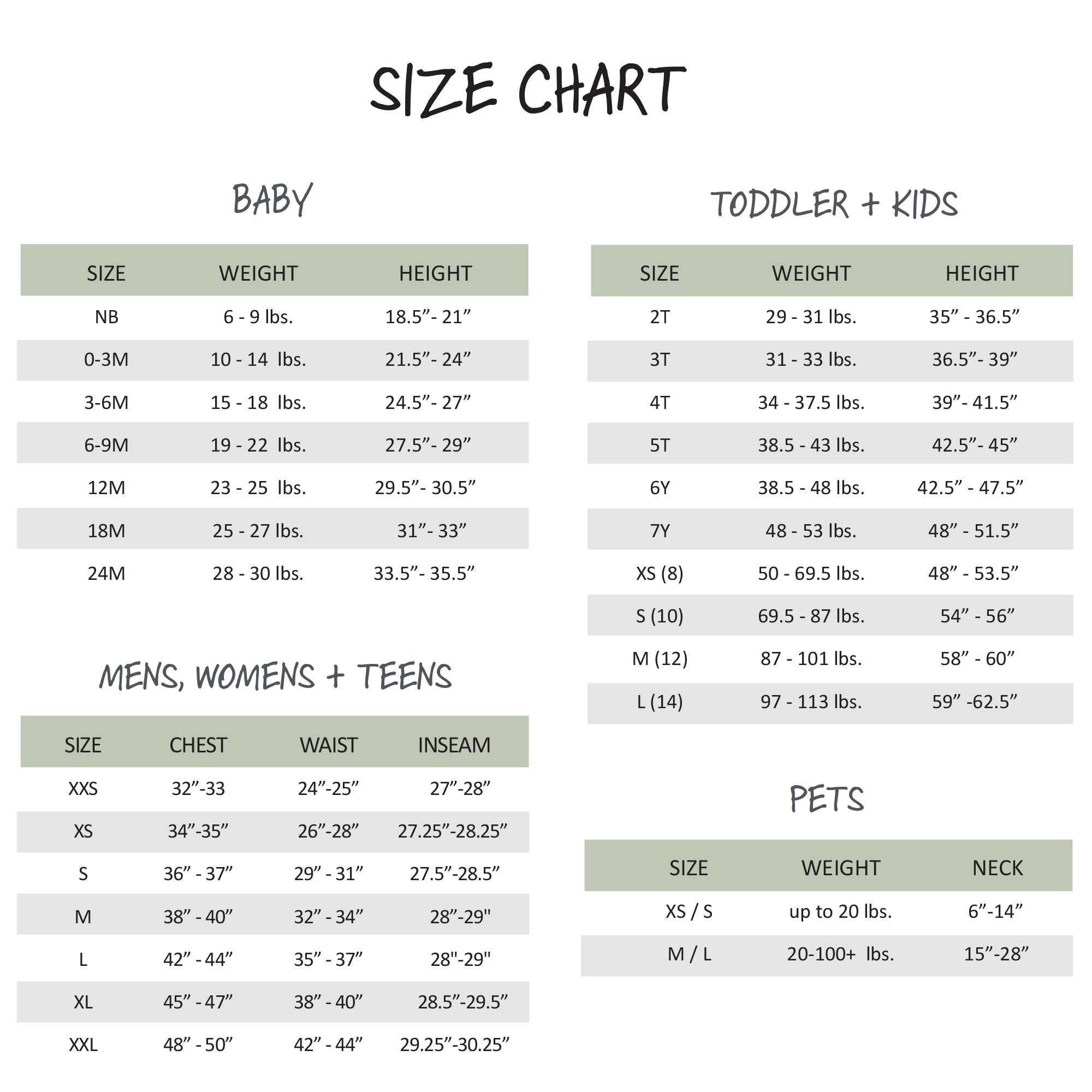 Size chart for baby, toddler, kids, men, women, teens, and pets with measurements in weight and height.