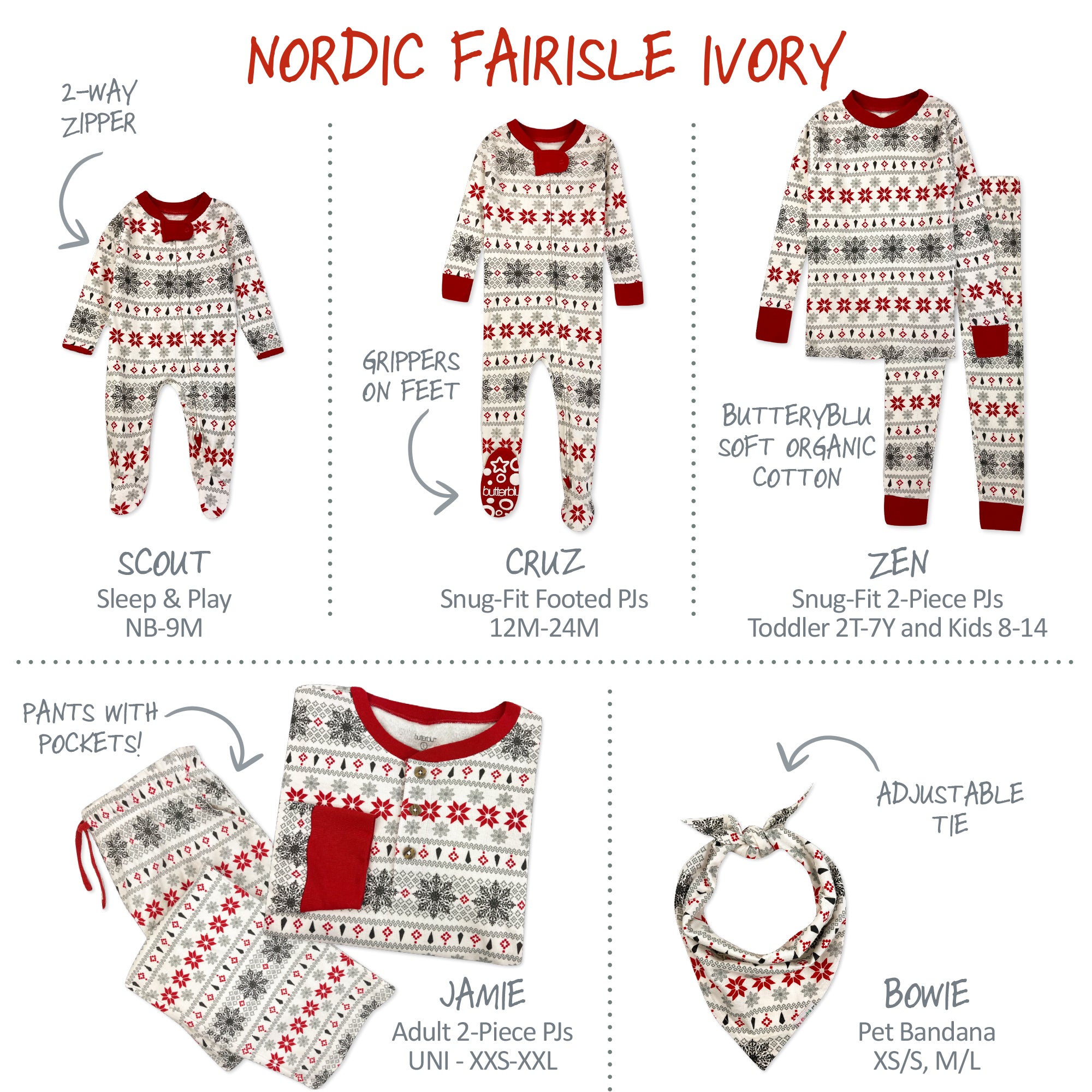 Nordic Fairisle Ivory pajama set with various sizes and accessories on a white background.
