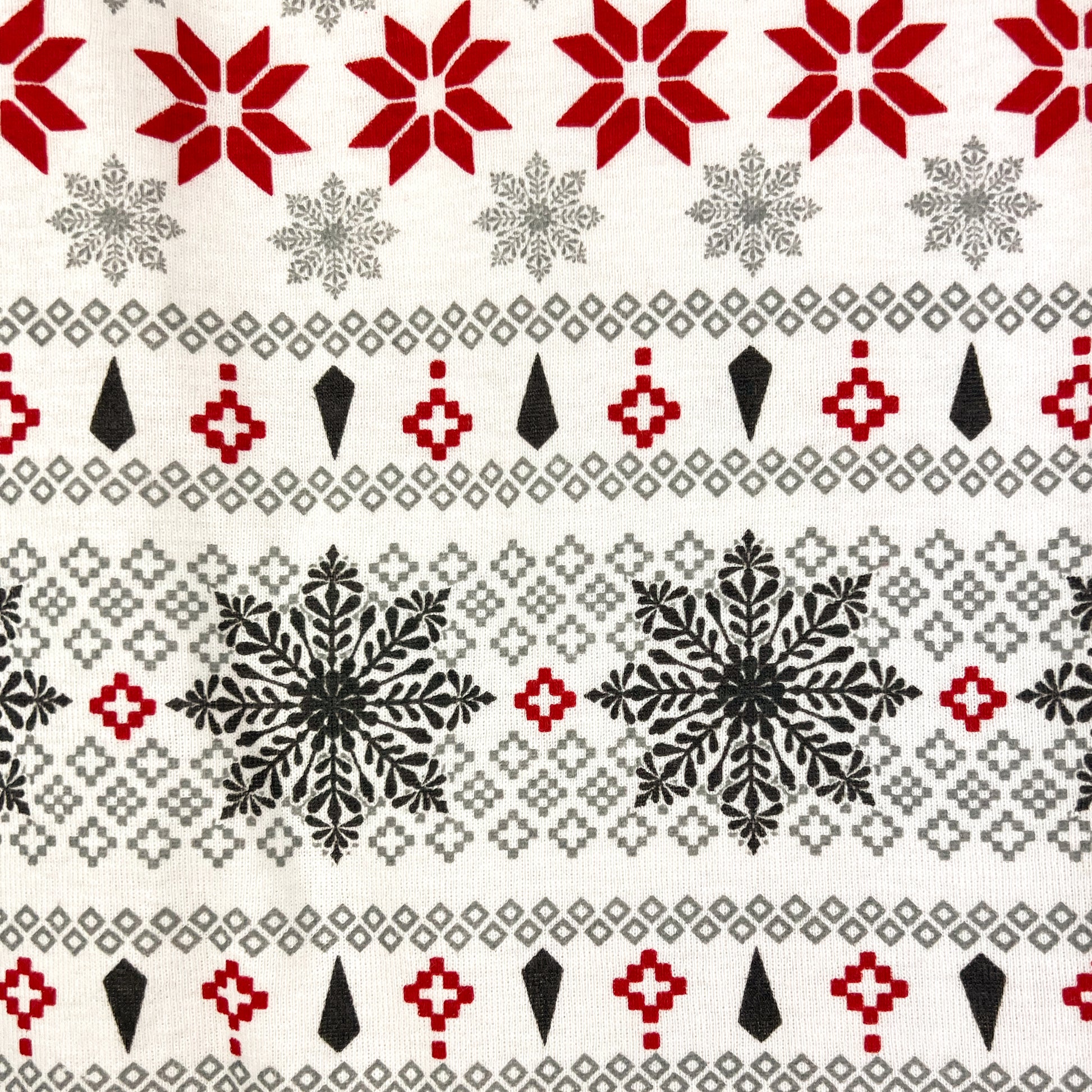 Pattern with red, black, and gray geometric shapes on a white background