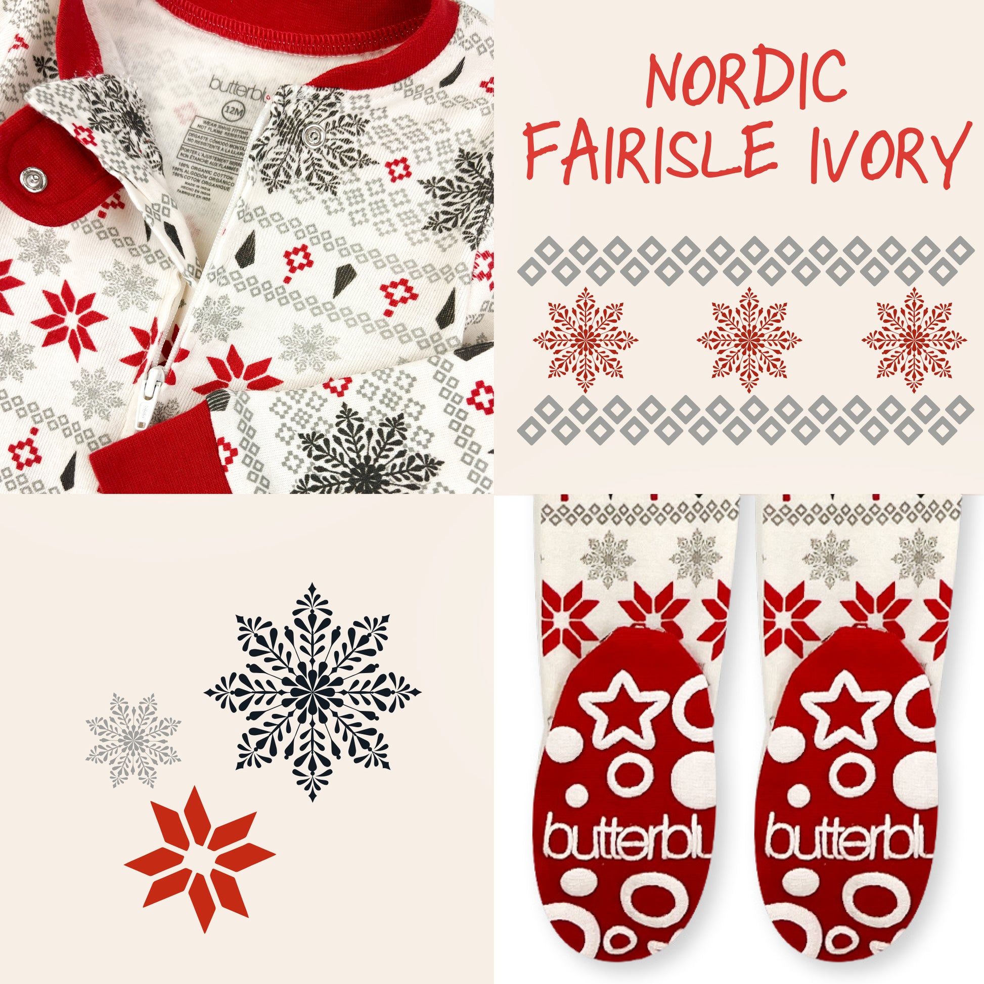 Nordic fair Isle pattern clothing with red, white, and gray colors, featuring the brand 'butterblu'.