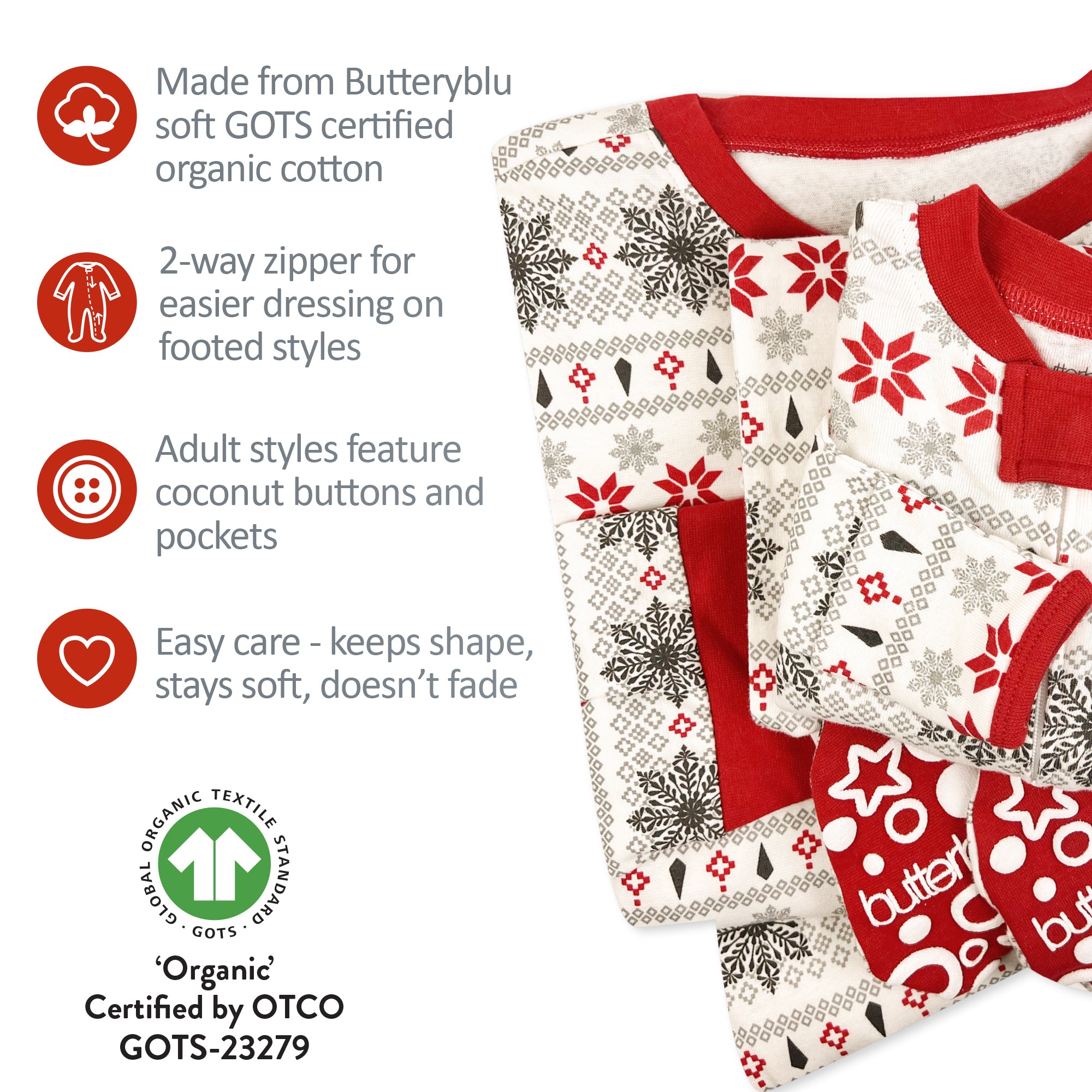 Children's pajamas with patterns and text highlighting features on a white background