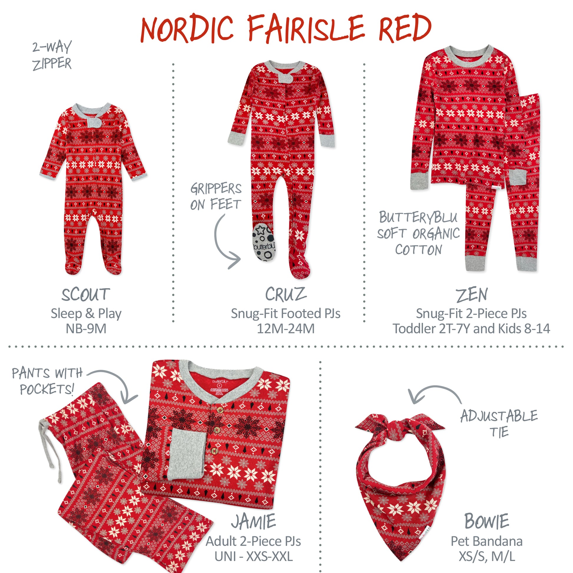 Red Nordic Fairisle pajama set with various sizes and a matching pet bandana on a white background.