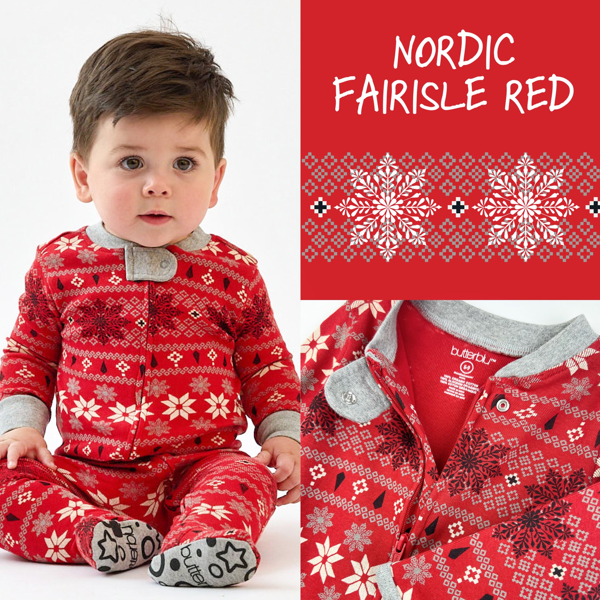 Child wearing a red Nordic fairisle patterned outfit with close-up details on a white background.