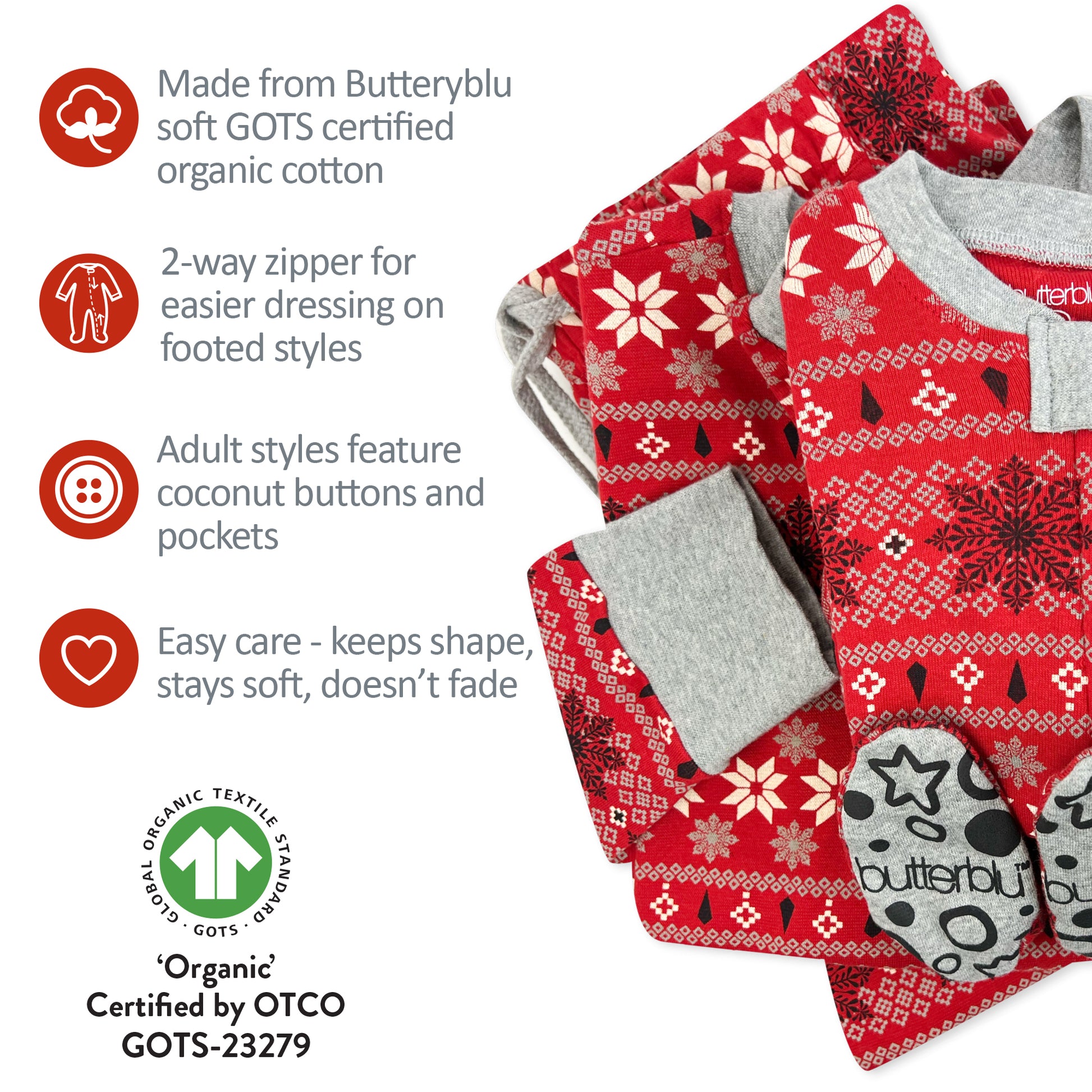 Red and gray patterned pajama set with organic cotton information on a white background