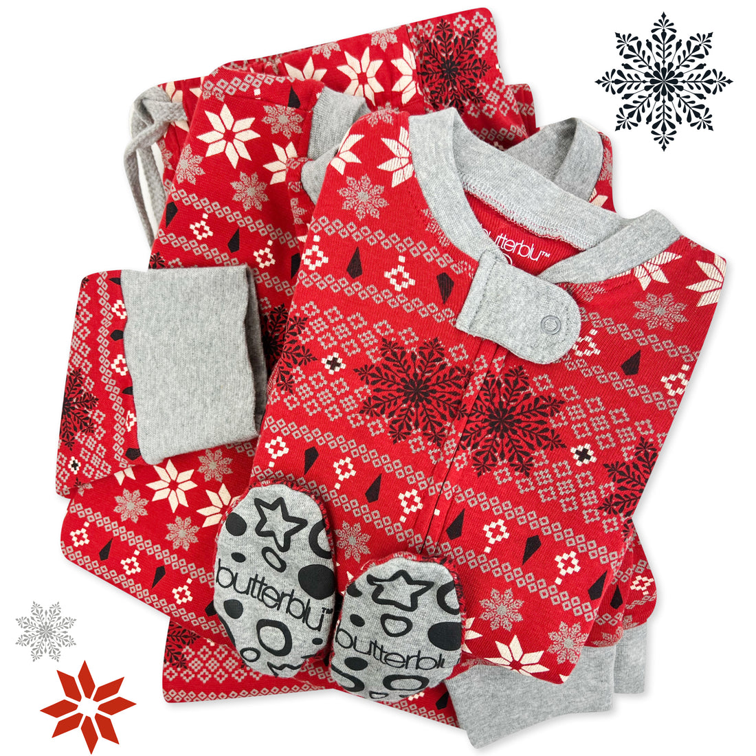 Red and gray matching family pajamas set with snowflake patterns on a white background