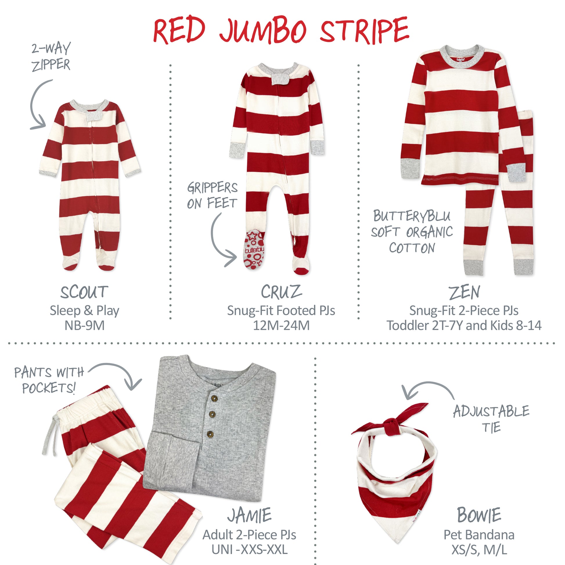Red jumbo stripe matching family pajamas and accessories with product names and features on a white background.