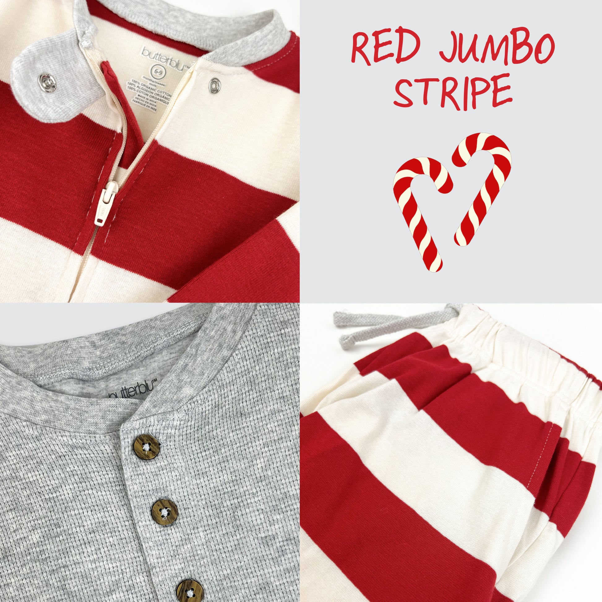 Collage of red and gray clothing with text 'Red Jumbo Stripe' and candy cane hearts.