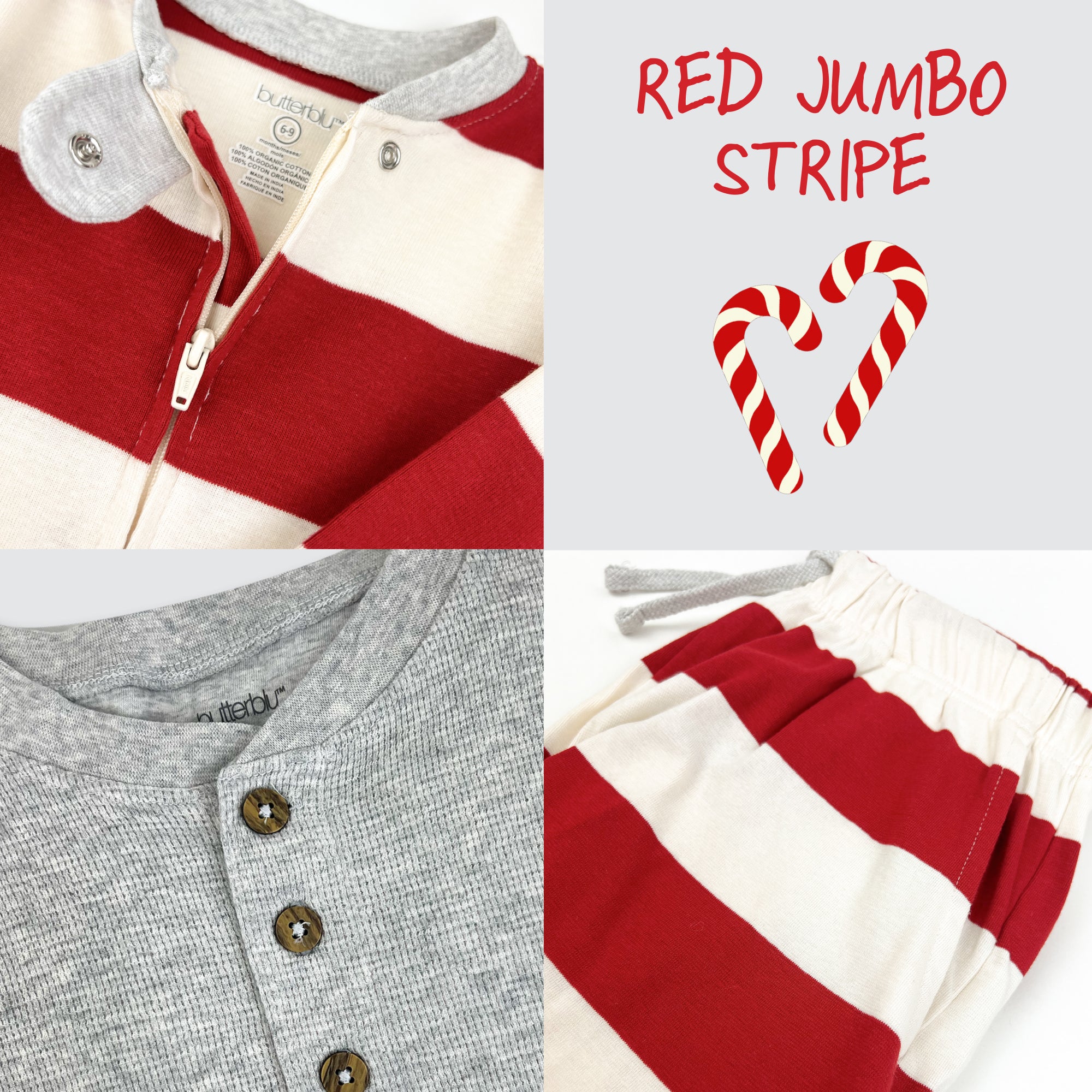 Collage of red and gray clothing with text 'Red Jumbo Stripe' and candy cane hearts.
