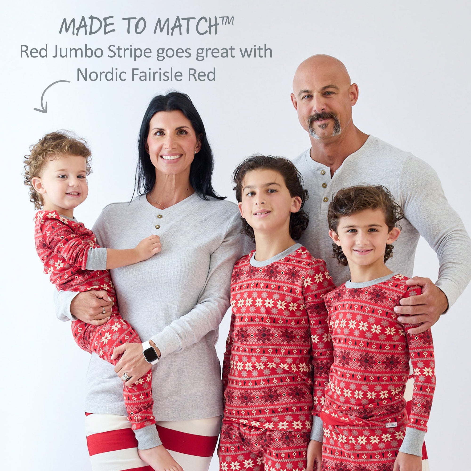 Family wearing red and white patterned pajamas with text about color matching.