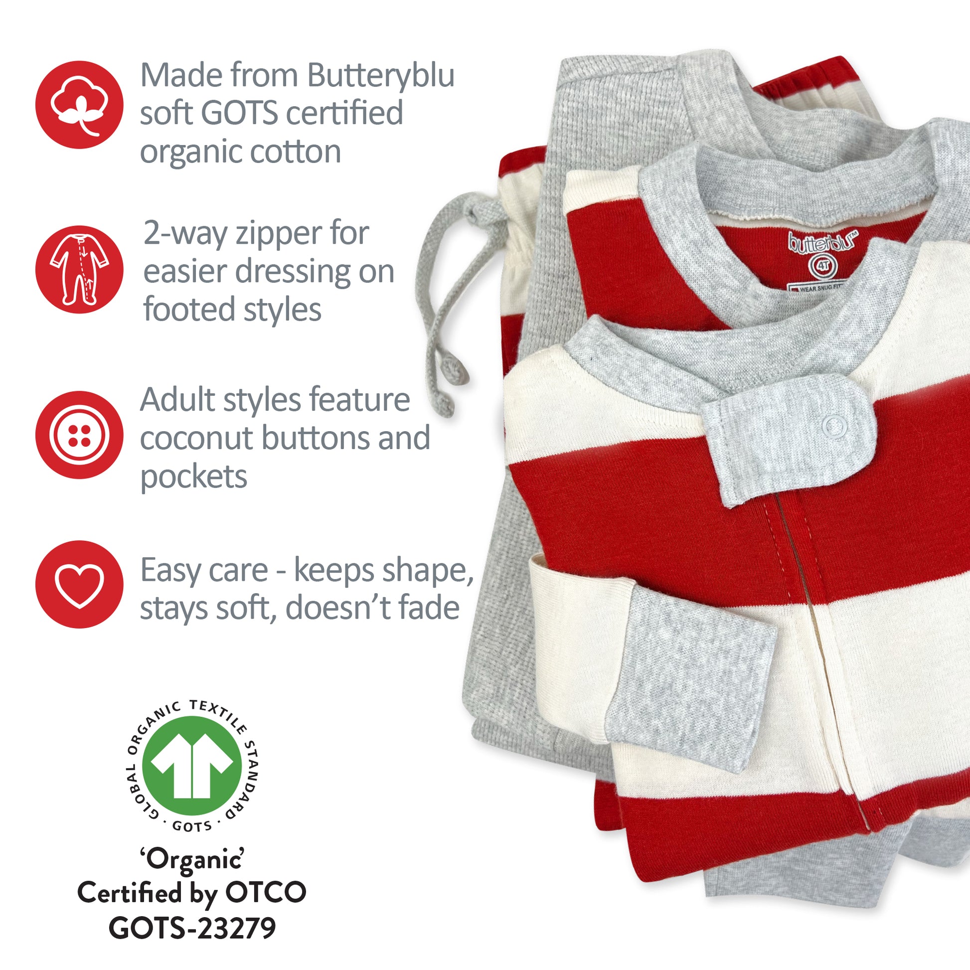 Stack of red, gray, and white baby clothes with certification details on a white background
