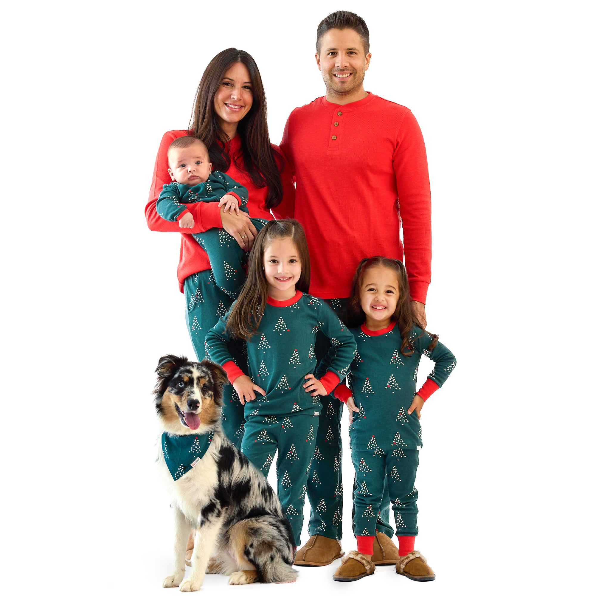 Family of five wearing matching red and green pajamas with a dog on a white background
