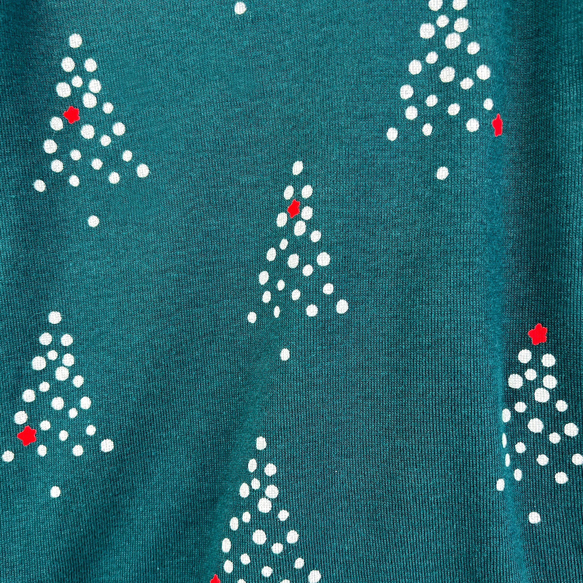 Teal fabric with white Christmas tree patterns and red accents