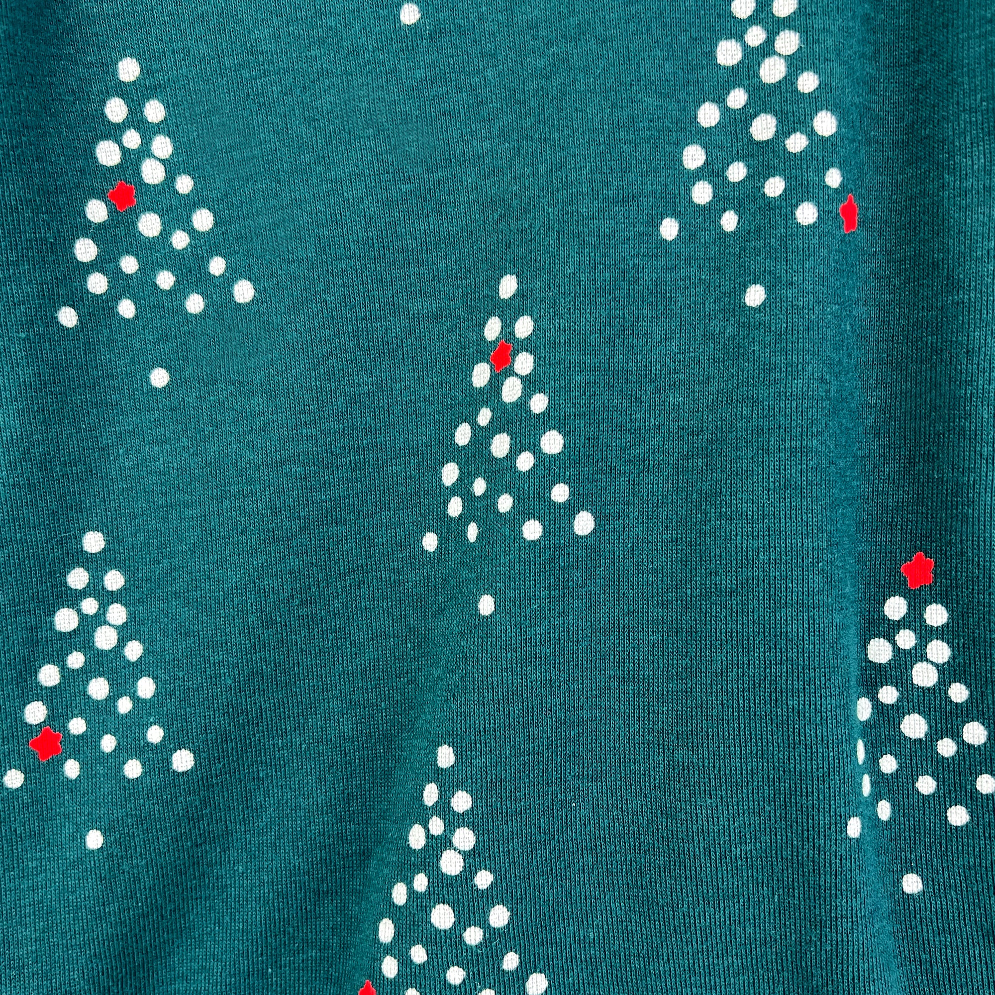 Teal fabric with white Christmas tree patterns and red accents
