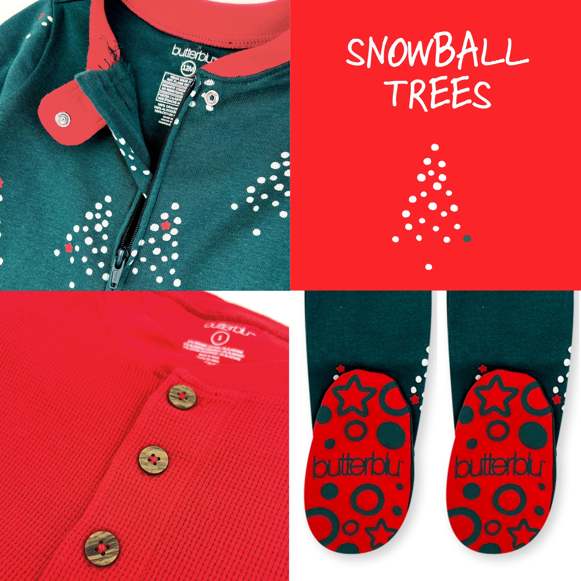 Children's clothing with Christmas tree pattern, red jacket, and matching socks with 'butterfly' branding.