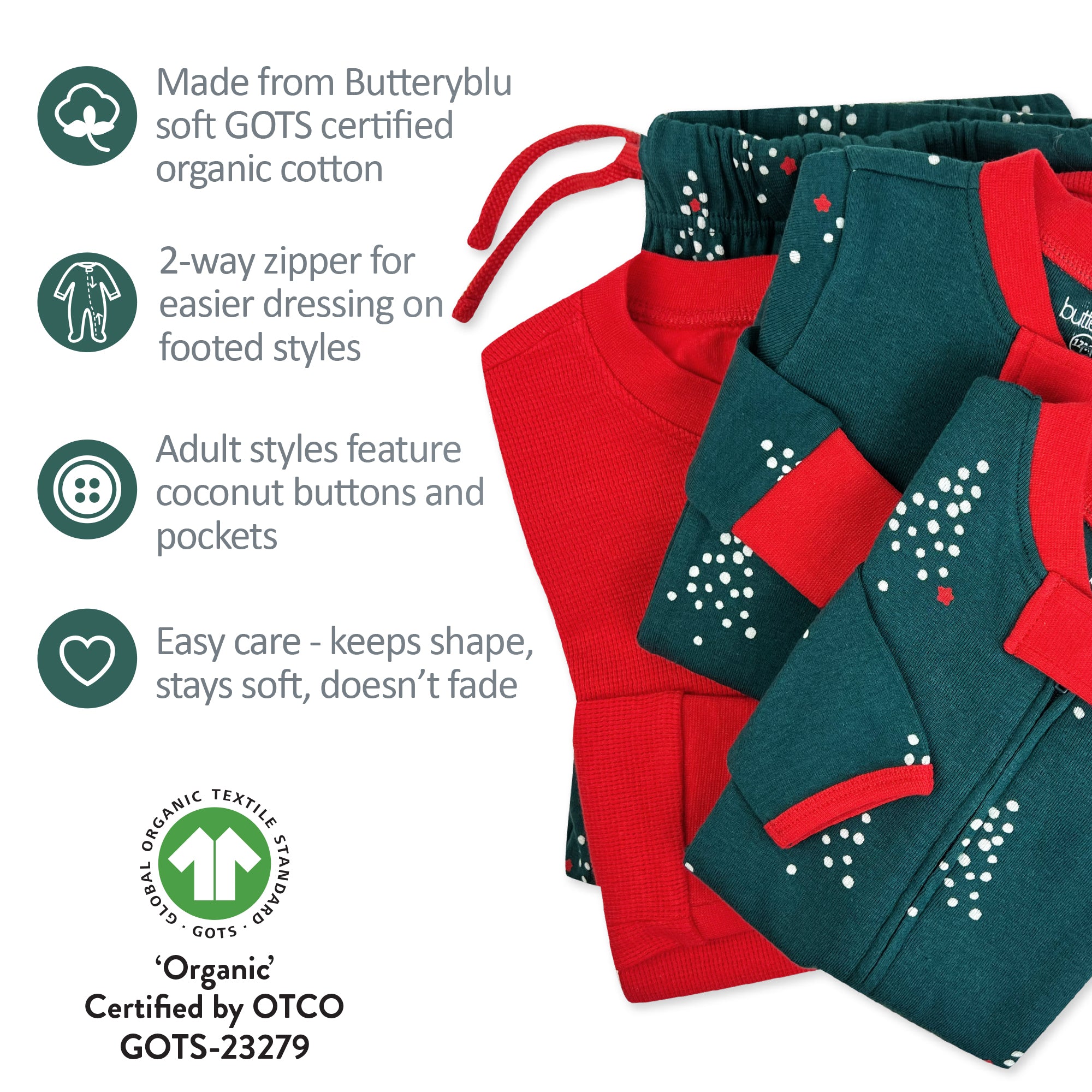 Red and green children's pajamas with organic cotton certification details.