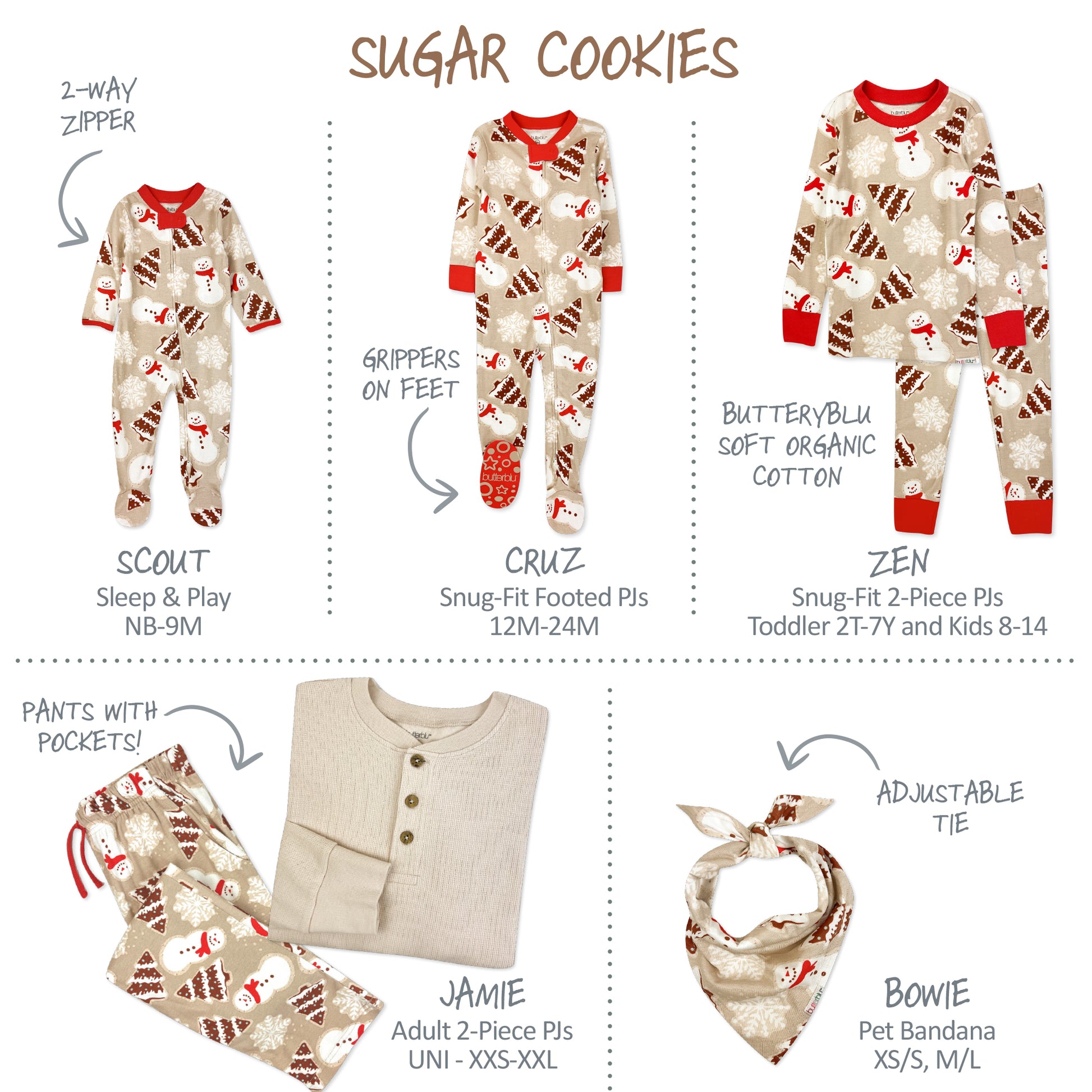 Product line for children's pajamas and clothing with various styles and sizes.