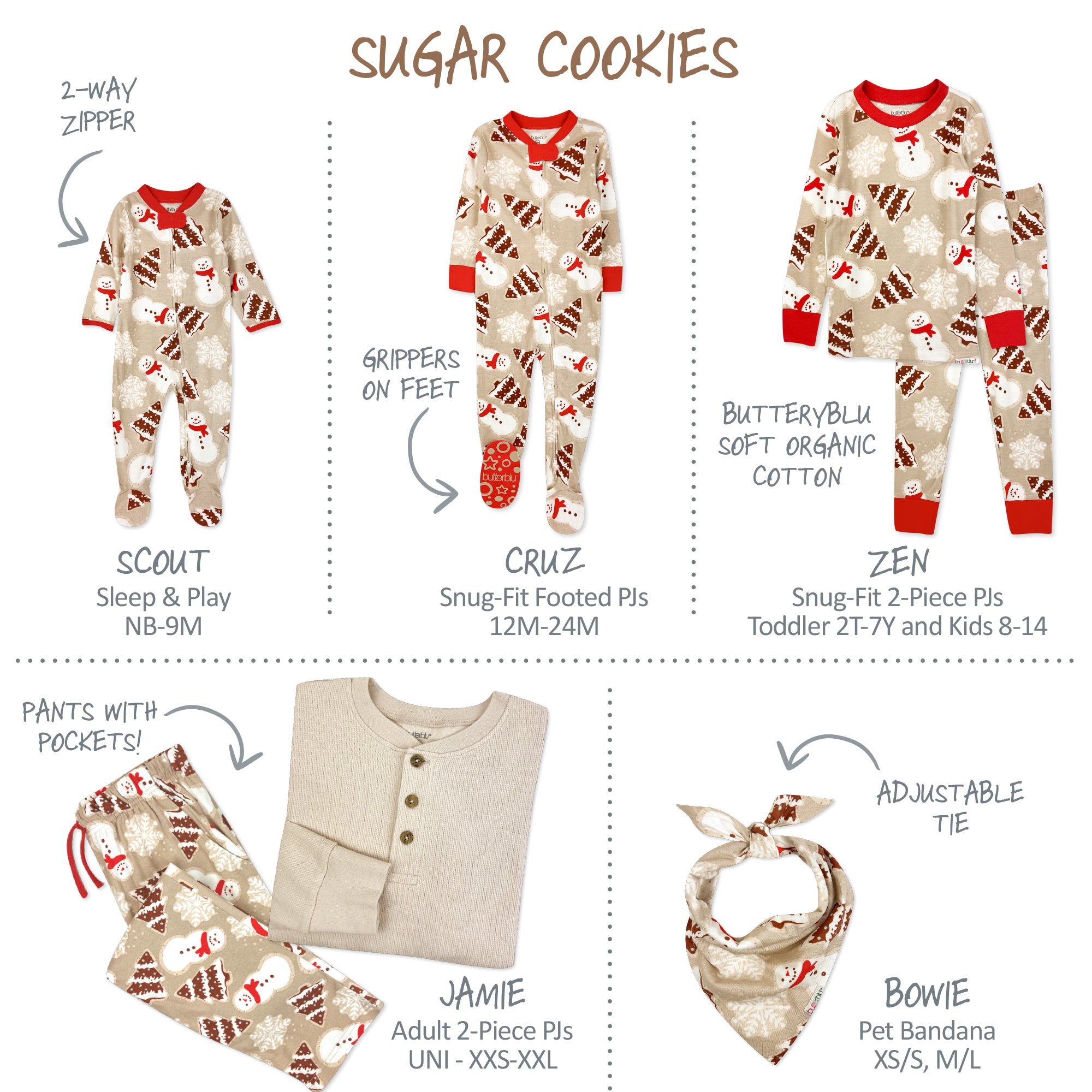 Product line for children's pajamas and clothing with various styles and sizes.