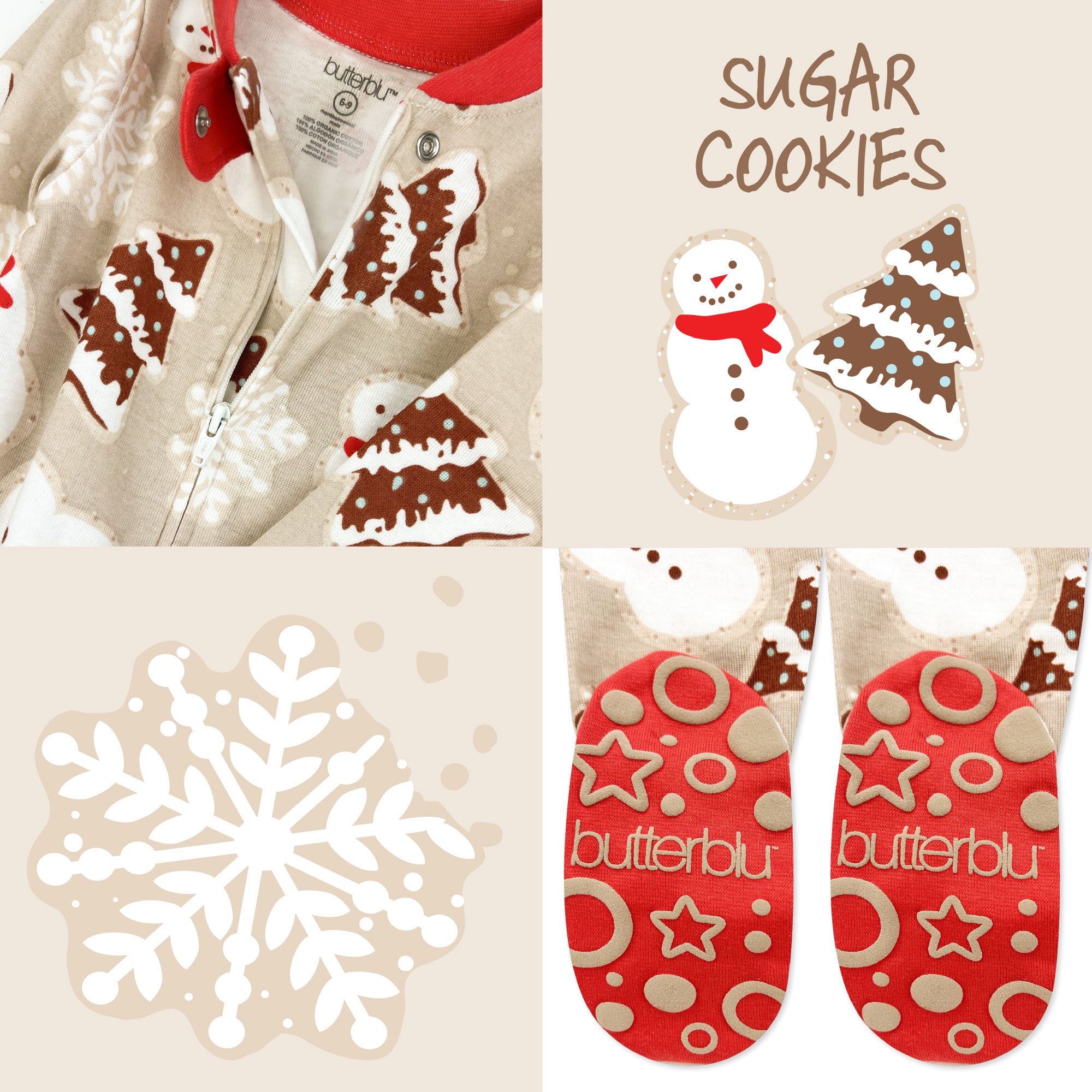Collection of Christmas-themed products including a hoodie, cookies, snowflakes, and sandals with 'butterlu' branding.
