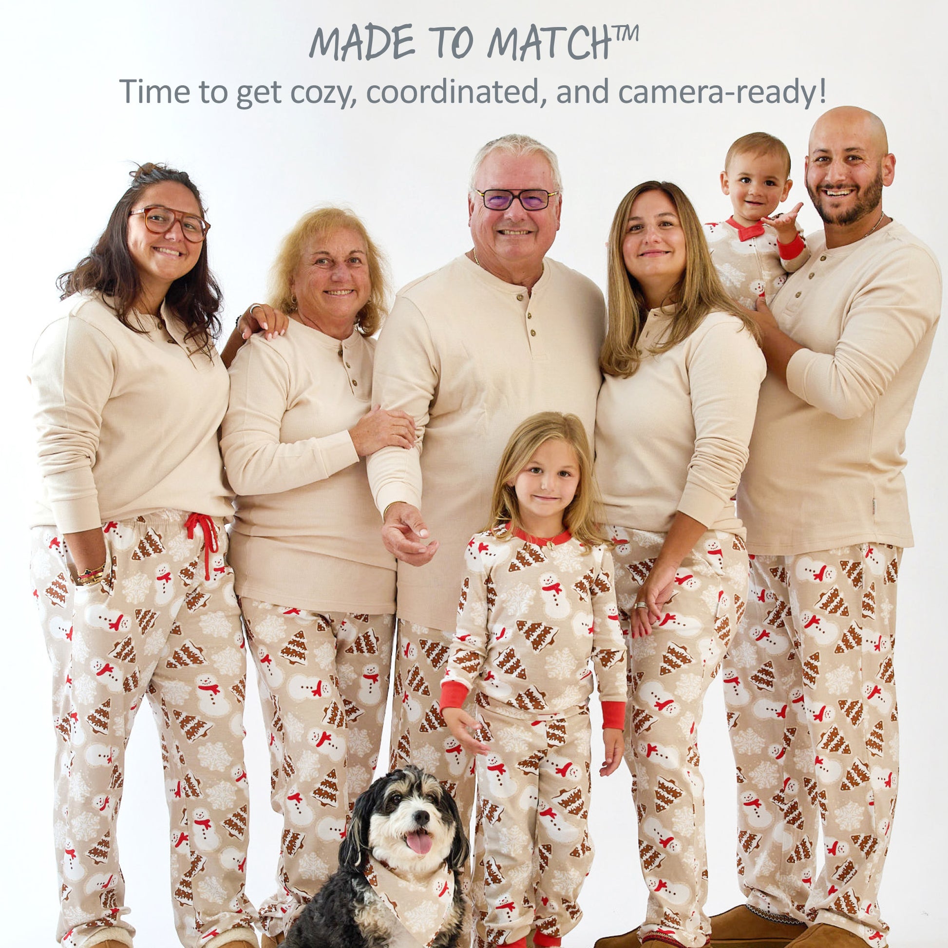 Family of six and a dog wearing matching pajamas with text 'Made to Match' above.