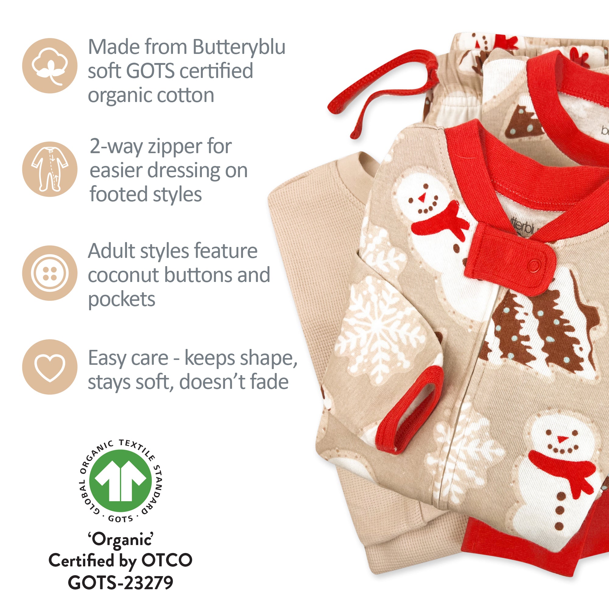 Children's pajamas with snowmen design on a white background, featuring organic cotton information.
