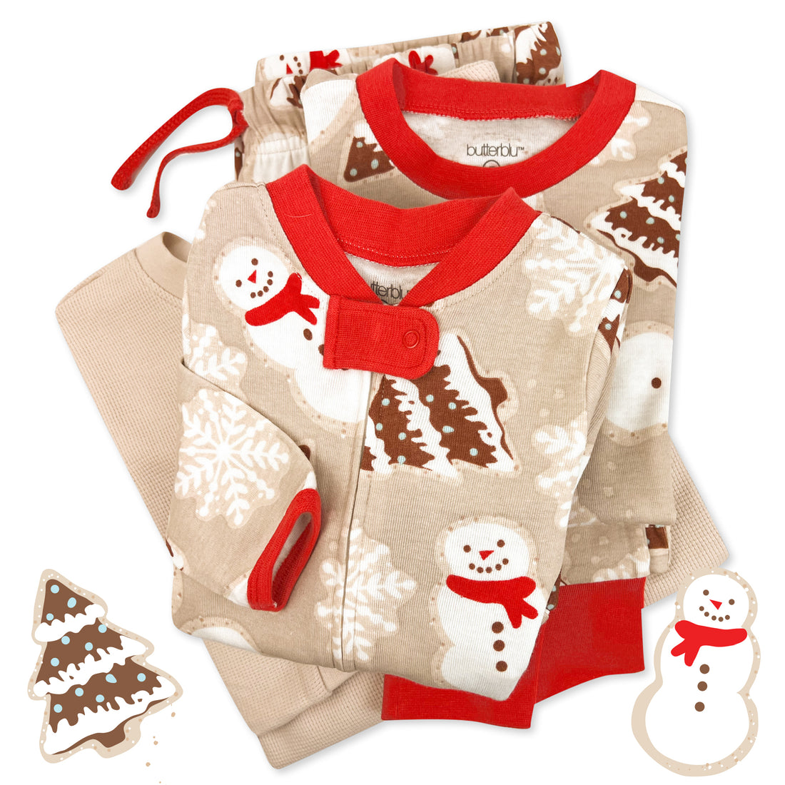 Matching family pajamas with snowman and tree pattern on a white background
